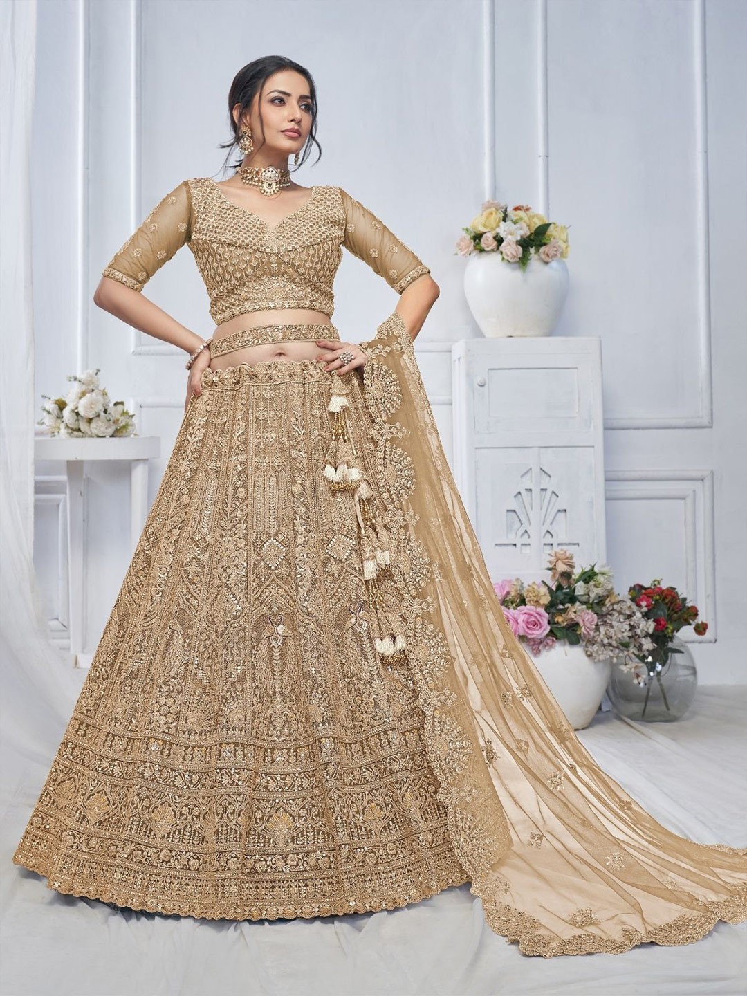 

ODETTE Embroidered Sequinned Net Semi-Stitched Lehenga & Unstitched Blouse With Dupatta, Brown