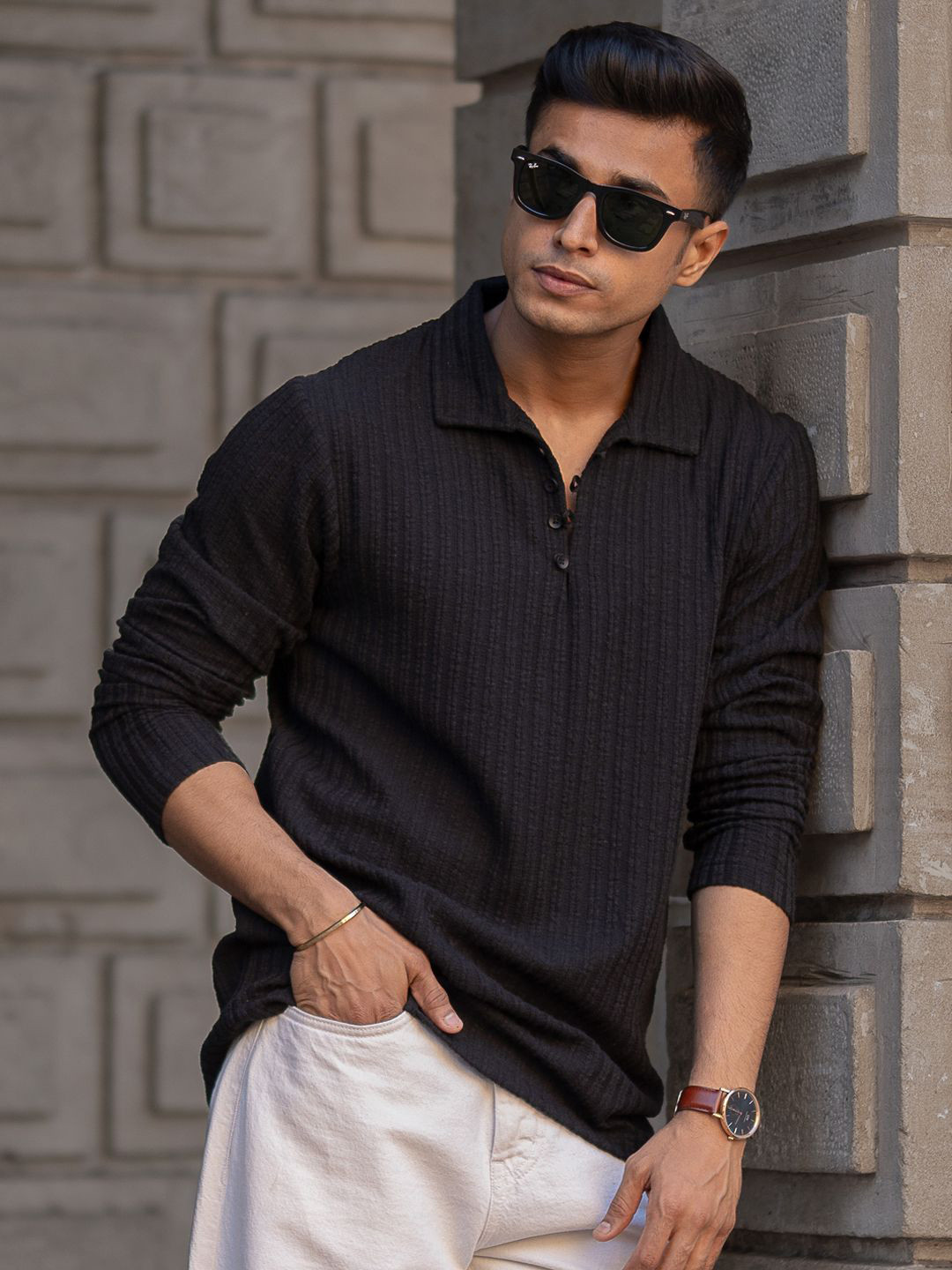 

Powerlook Men Self Design Polo Collar T-shirt, Black
