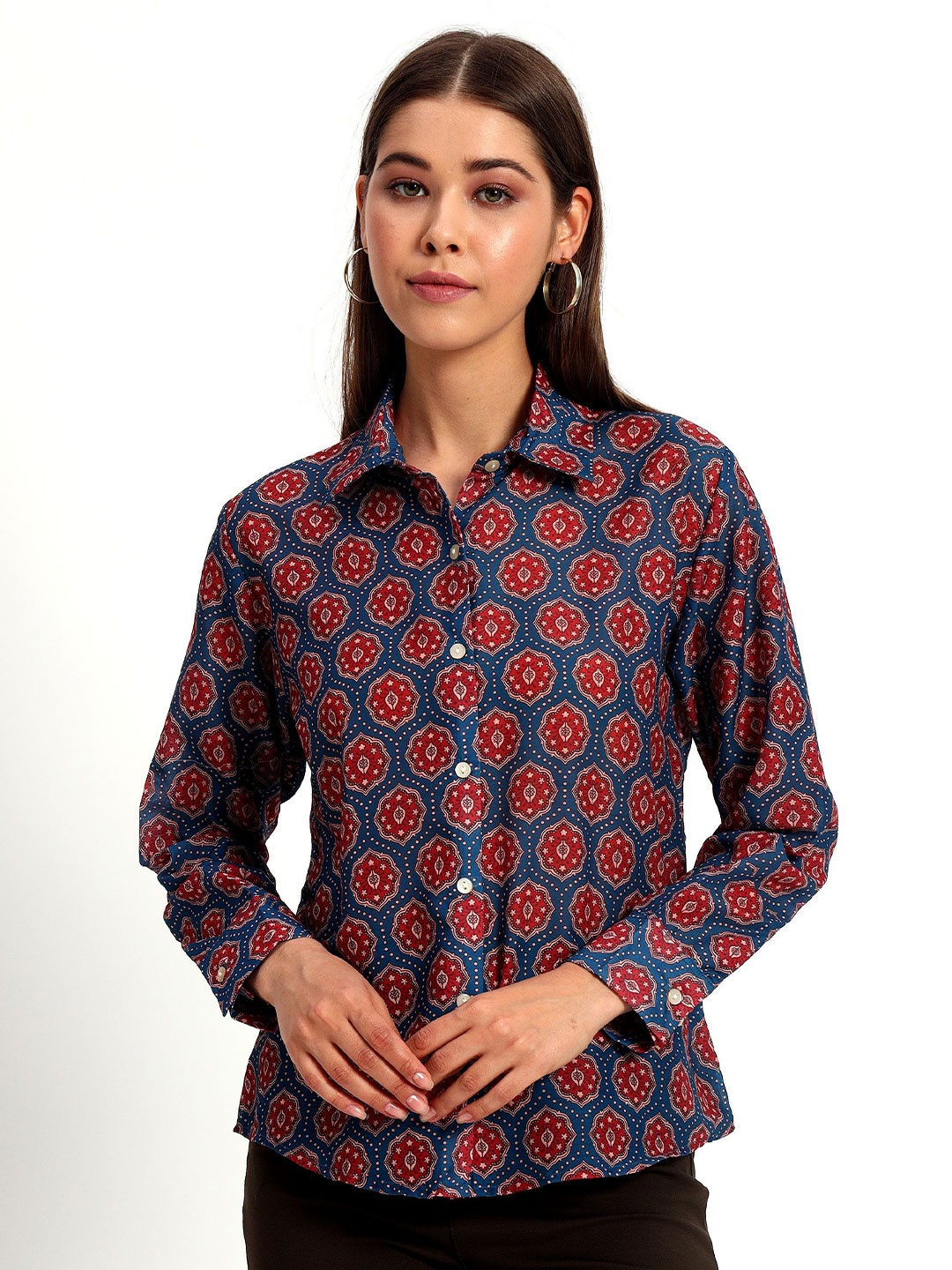 

Peikh Women Classic Opaque Printed Casual Shirt, Navy blue