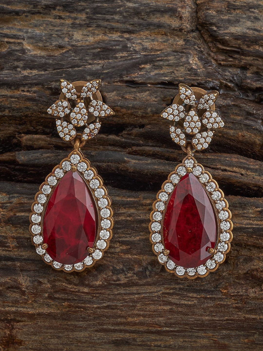 

Kushal's Fashion Jewellery Victorian-Plated Ruby & Zircon Teardrop Shaped Drop Earrings, White