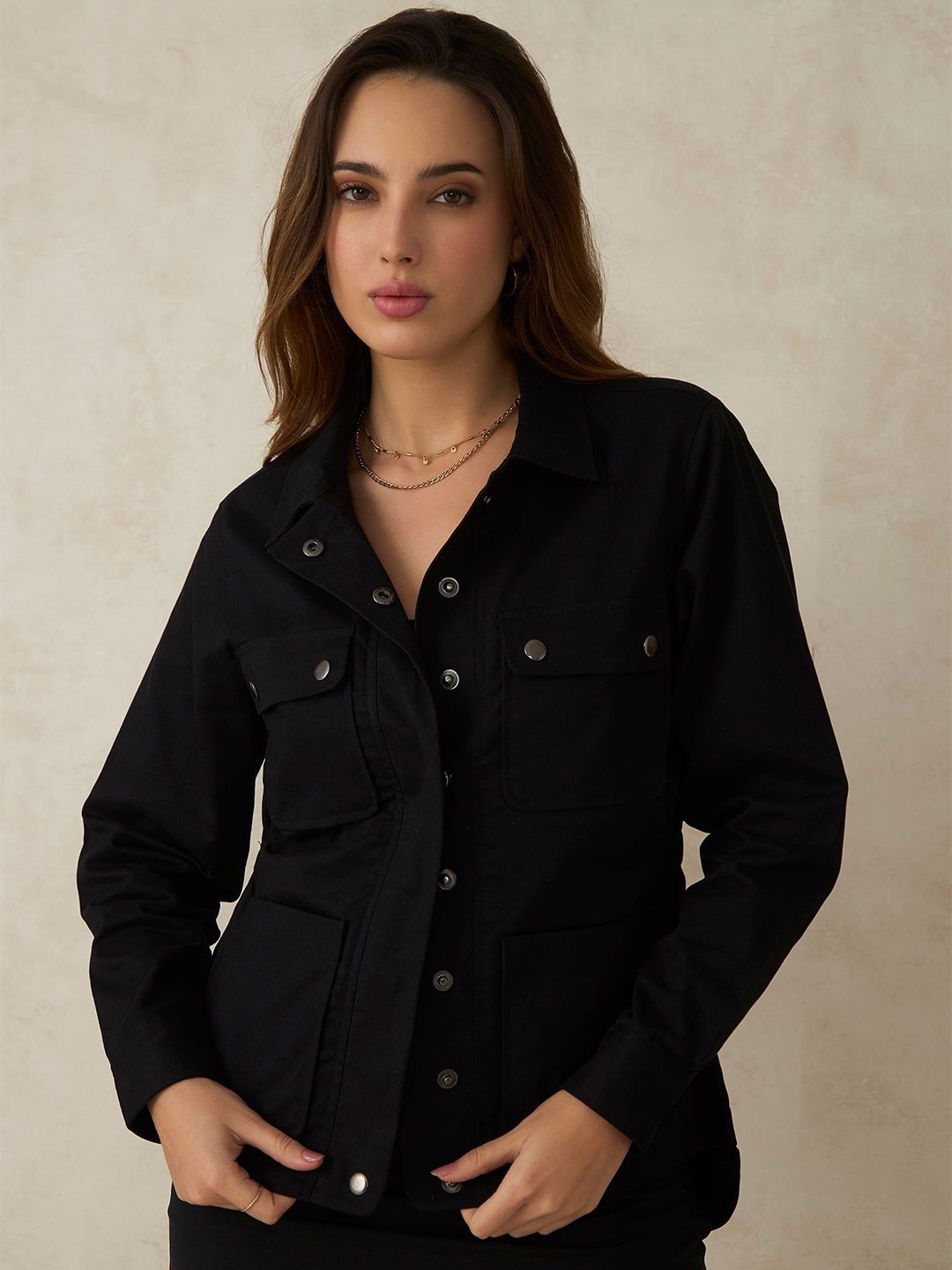 

Virgio Women Cotton Shirt Collar Regular Length Solid Jacket, Black