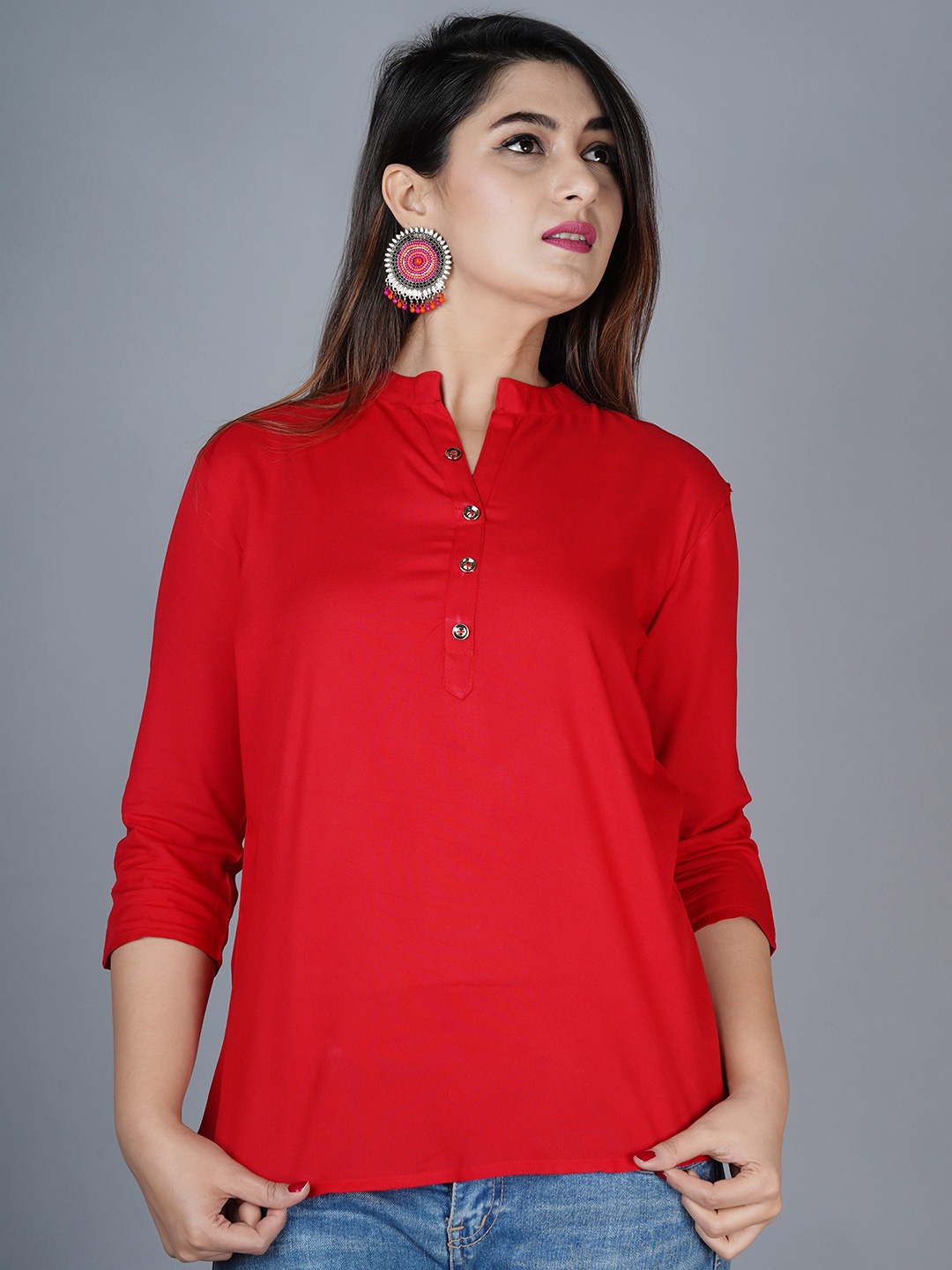 

Brijam Mandarin Collar Roll-Up Sleeves Top, Red