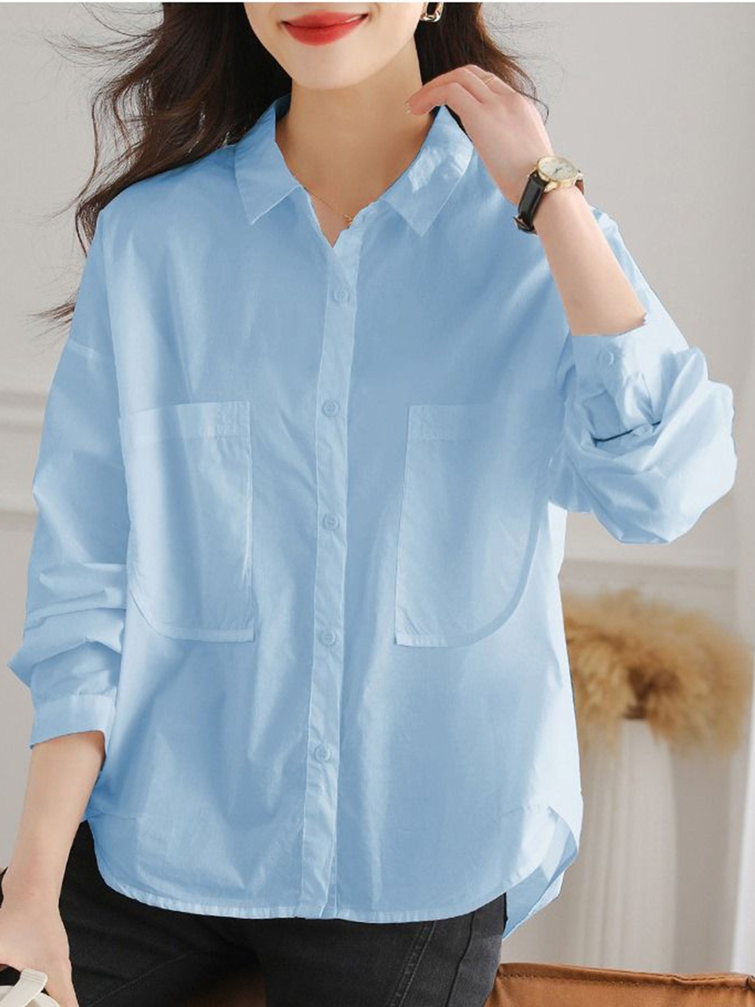 

StyleCast Women Spread Collar Solid Cotton Casual Shirt, Blue