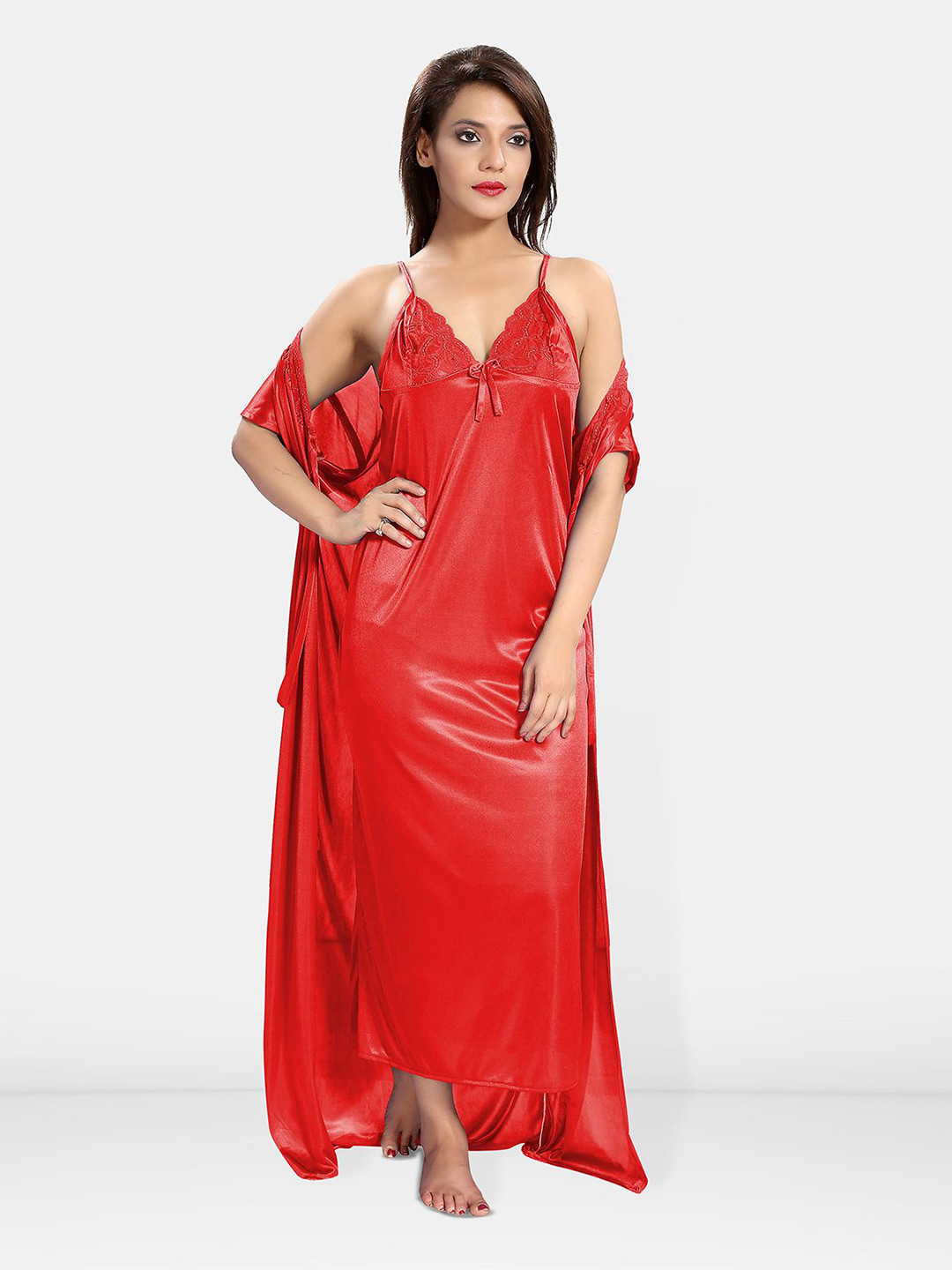 

Be You Women Shoulder Straps Maxi Nightdress with Robe, Red