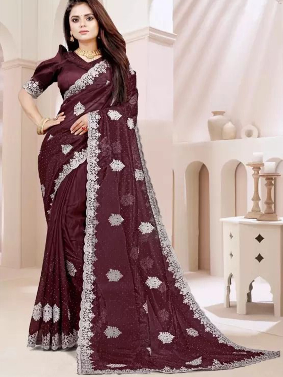 

KALINI Embellished Embroidered Net Designer Saree, Maroon