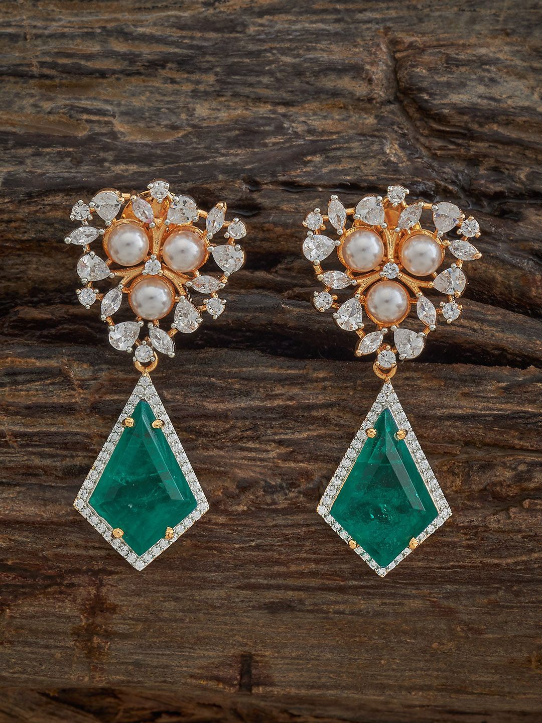 

Kushal's Fashion Jewellery Gold Plated Zircon Studded Geometric Drop Earrings