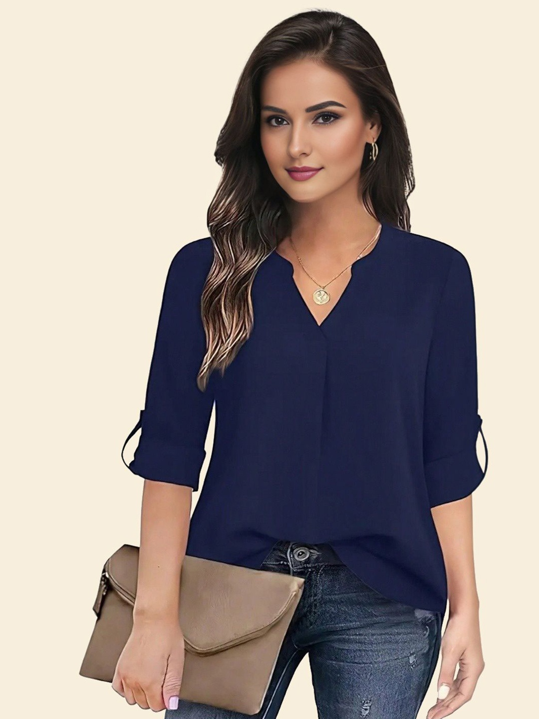 

StyleCast Women Mandarin Collar Shirt Style Top, Navy blue