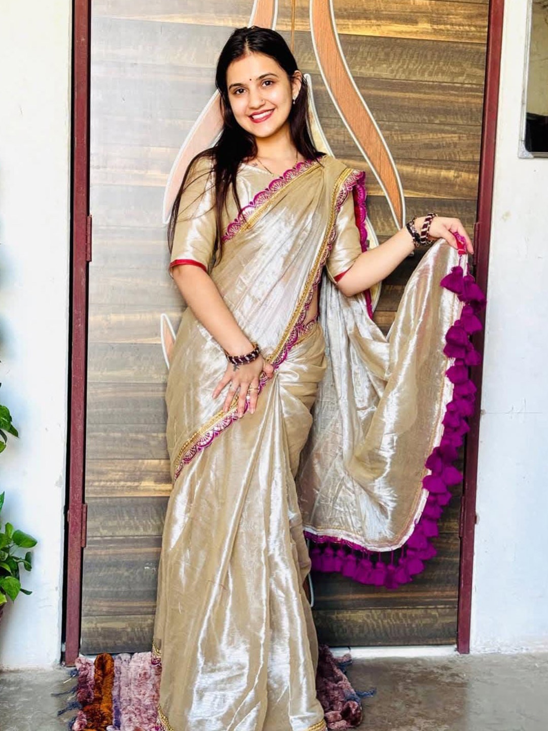 

MANSUBHA Floral Beads and Stones Silk Blend Designer Banarasi Saree, Gold