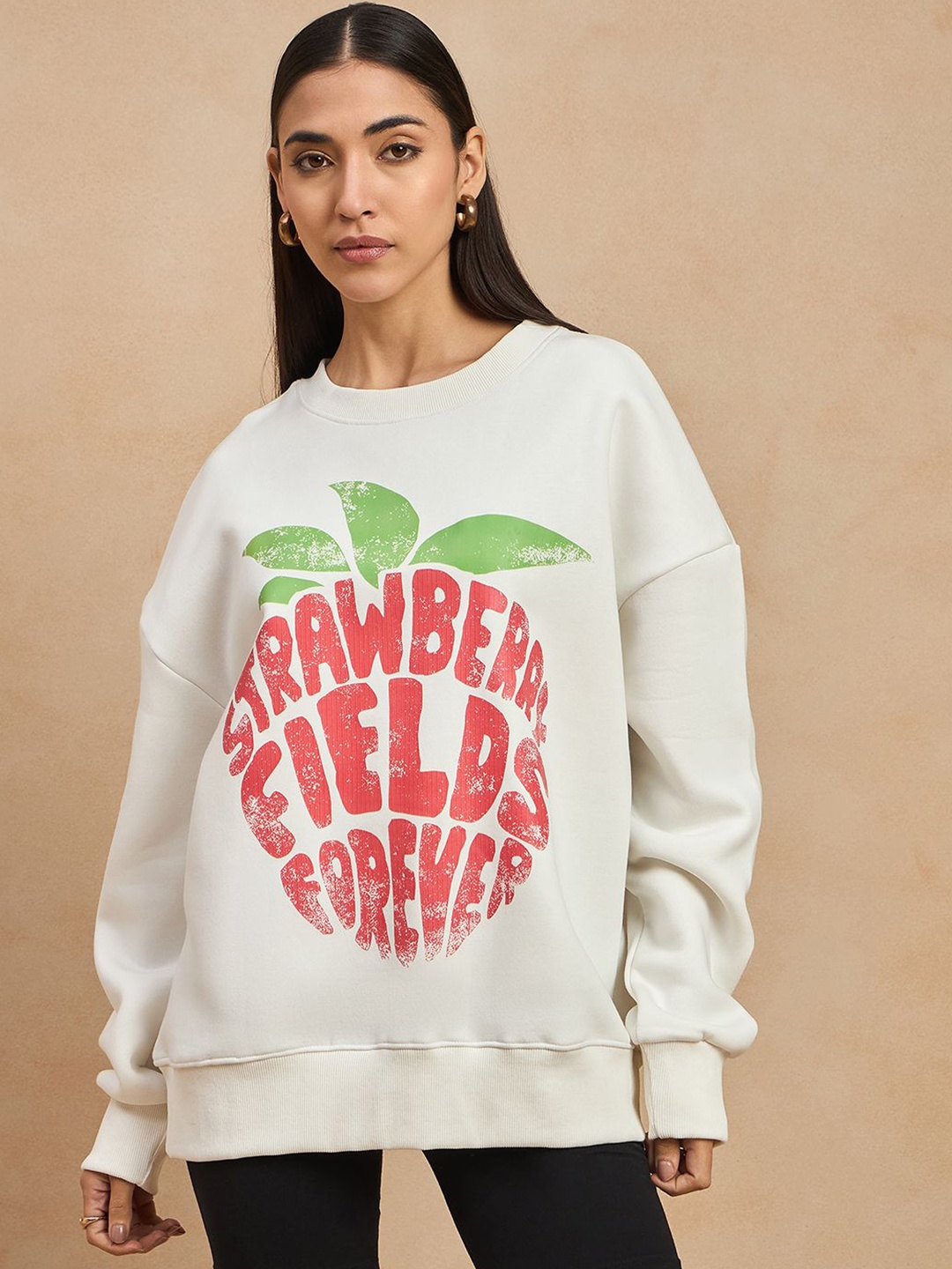 

COLOR CAPITAL Women Typography Printed Oversized Pullover Cotton Sweatshirt, Off white