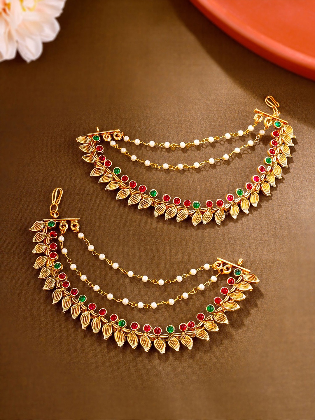 

Yellow Chimes Gold Plated Stone Studded & Pearls Beaded Layered Pearl Ear Chains