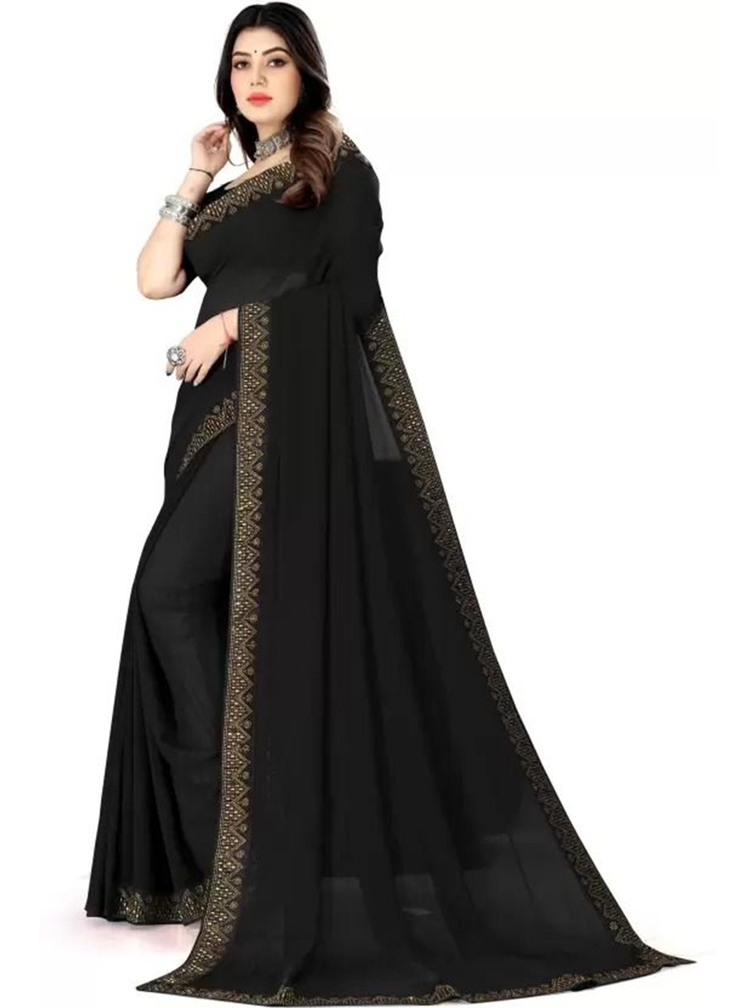 

KALINI Women Beads and Stones Embellished Pure Georgette Fusion Saree, Black