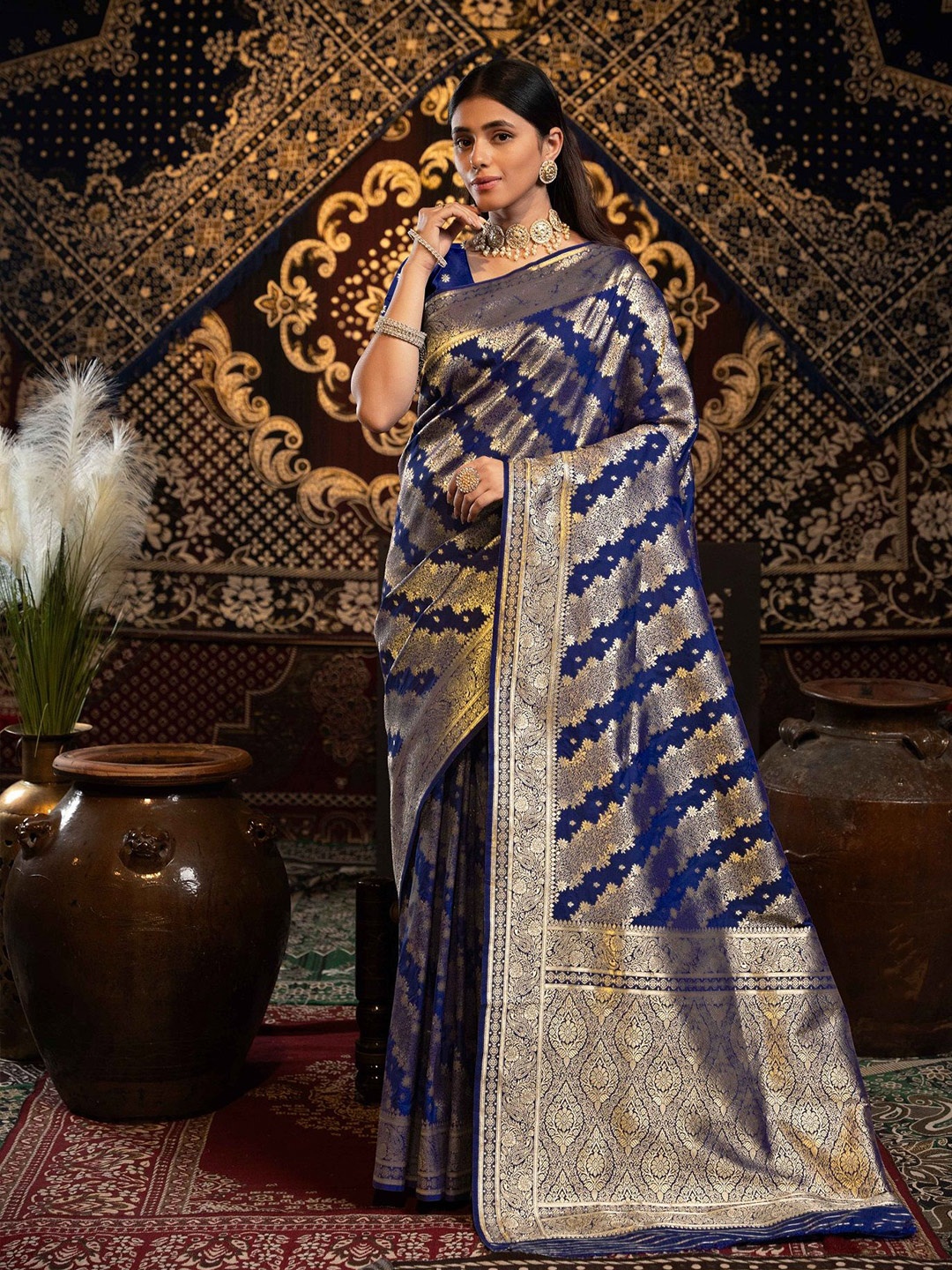 

MAHALASA Woven Design Zari Pure Silk Banarasi Saree, Blue