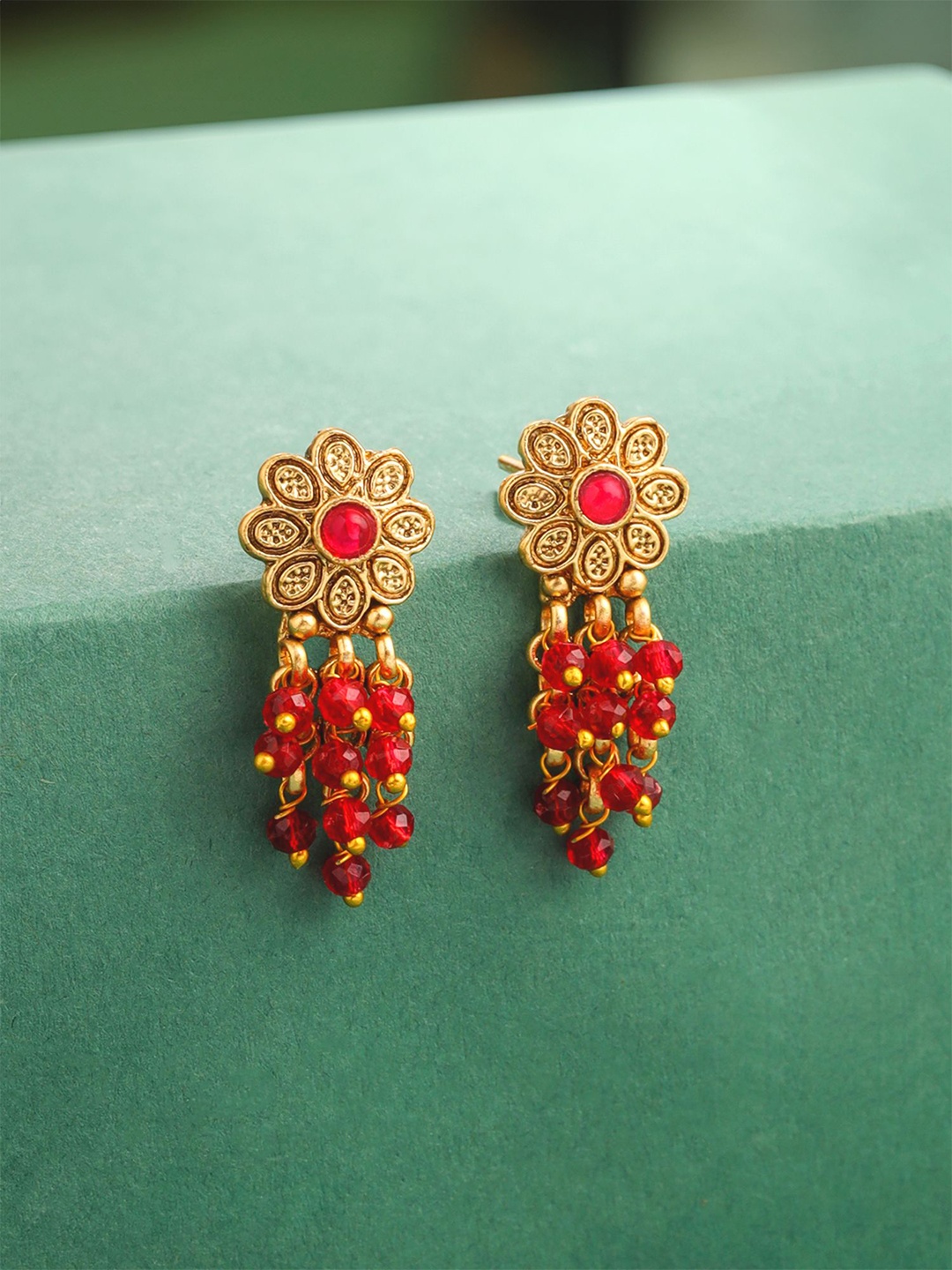 

Yellow Chimes Gold-Plated Stone Studded & Beaded Floral Shaped Drop Earrings