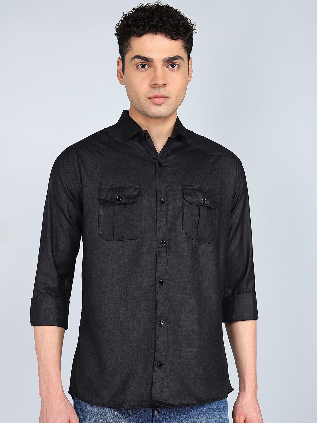 

KHUSHI CREATION Men Original Fit Spread Collar Solid Cotton Casual Shirt, Black