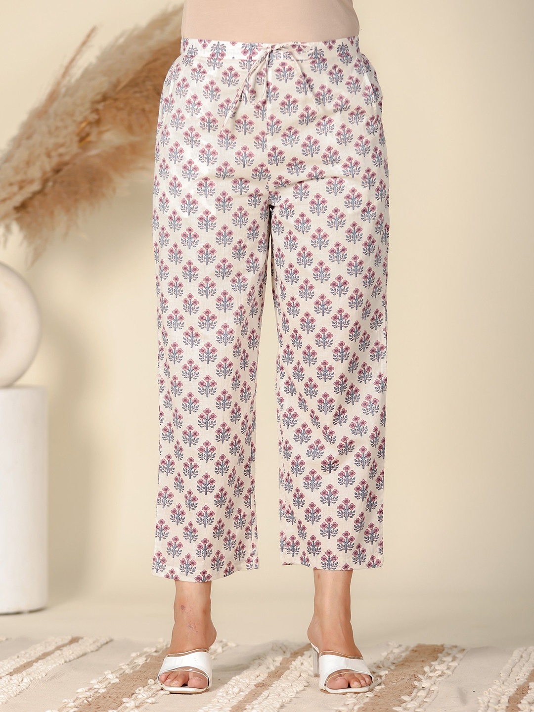

Aramya Women Soft Cotton Floral Printed Ethnic Palazzos, Cream