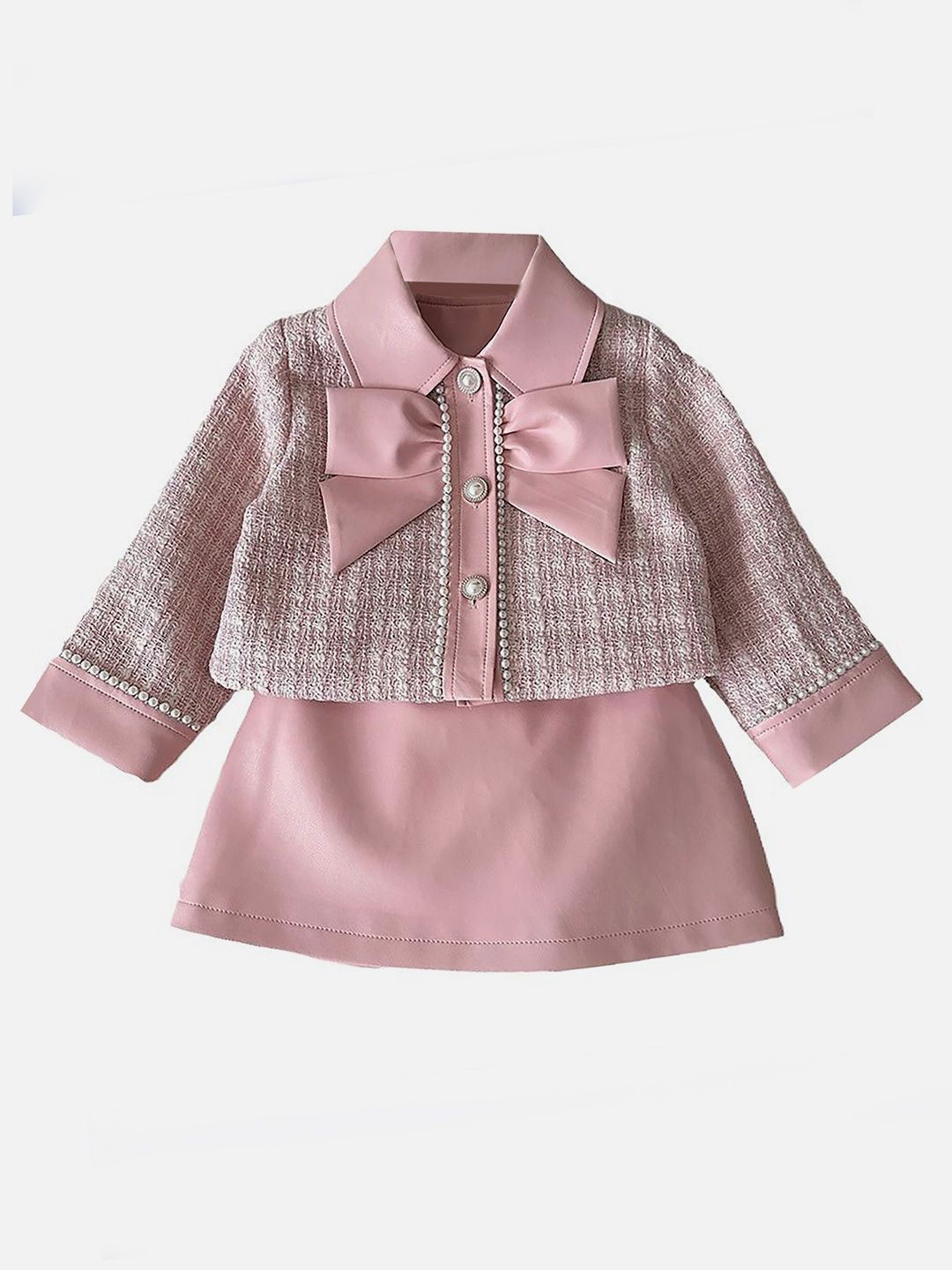 

Little Surprise Box LLP Girls Checked Big Bow Tweed & Leatherette Top with Skirt, Pink