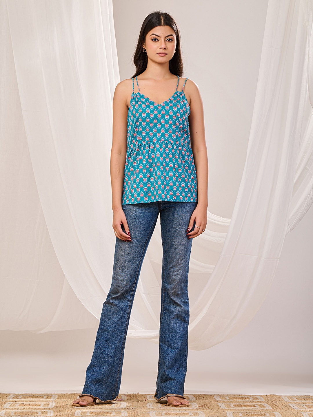

Futra Gabha Women Printed Cotton A-Line Top, Blue