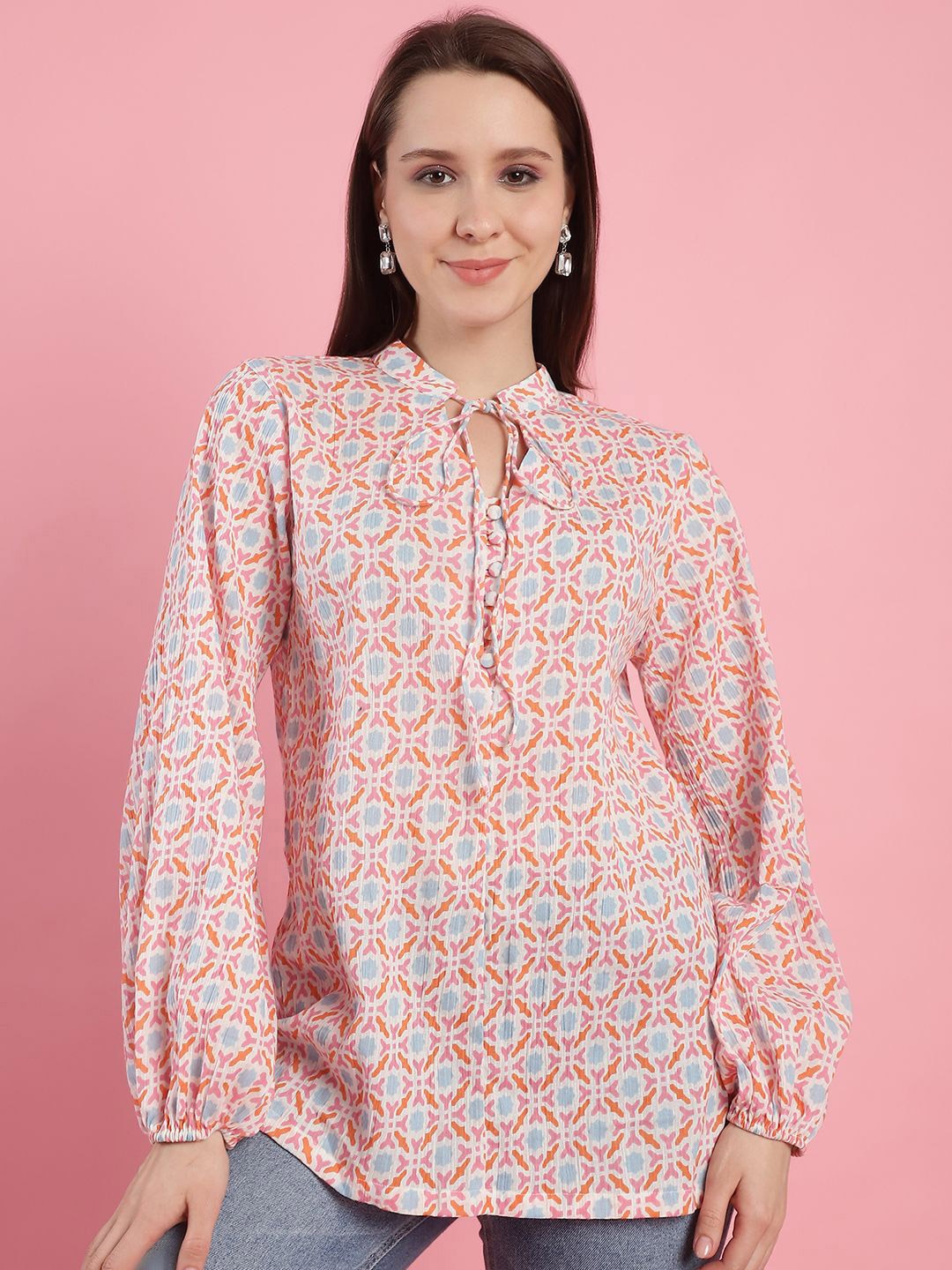

JAKANARY Print Tie-Up Neck Top, Multi