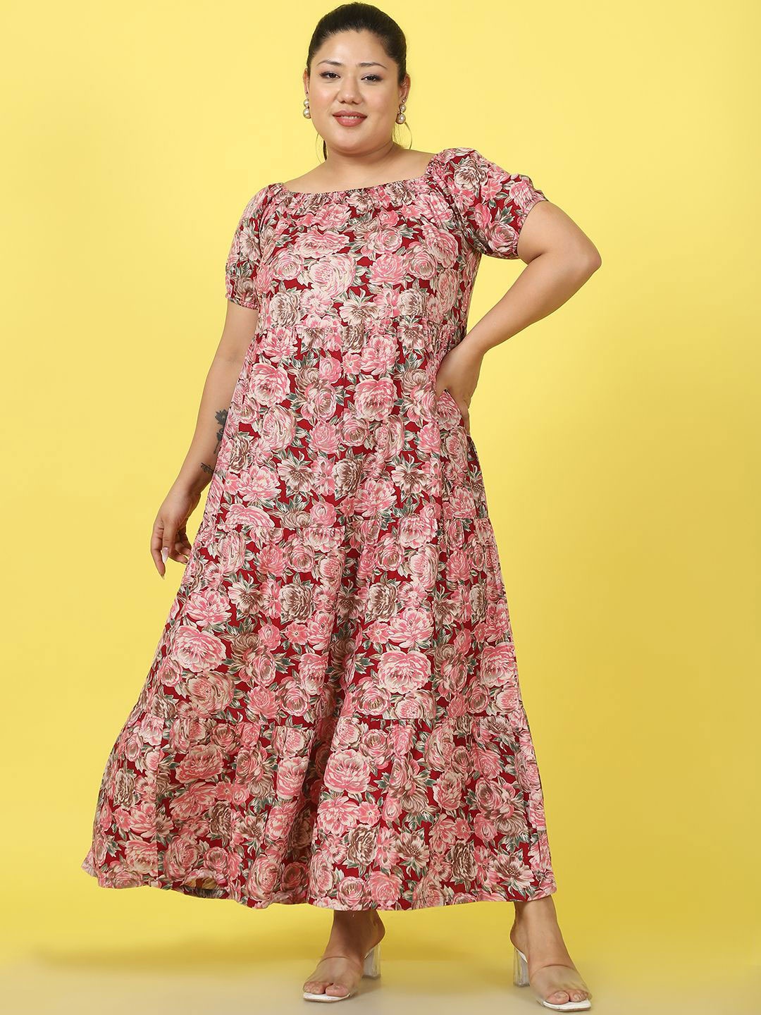 

theRebelinme Women Floral Print A-Line Maxi Plus Size Dress, Maroon