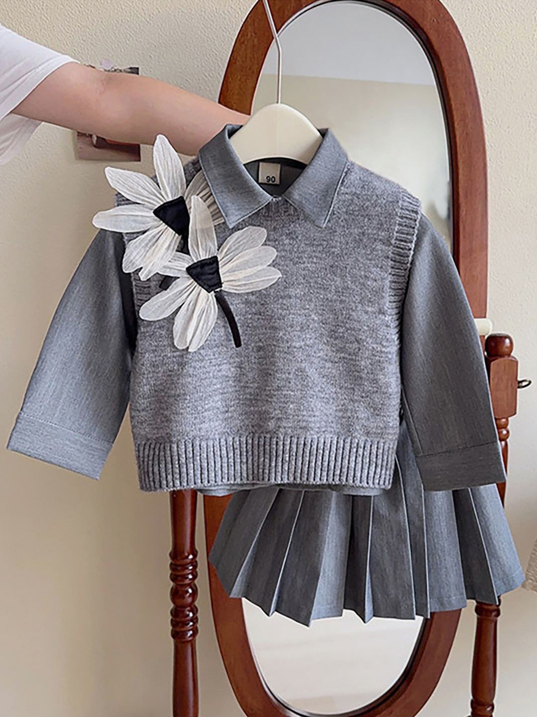 

Little Surprise Box LLP Girls Embellished Top With Skirt & Shirt, Grey