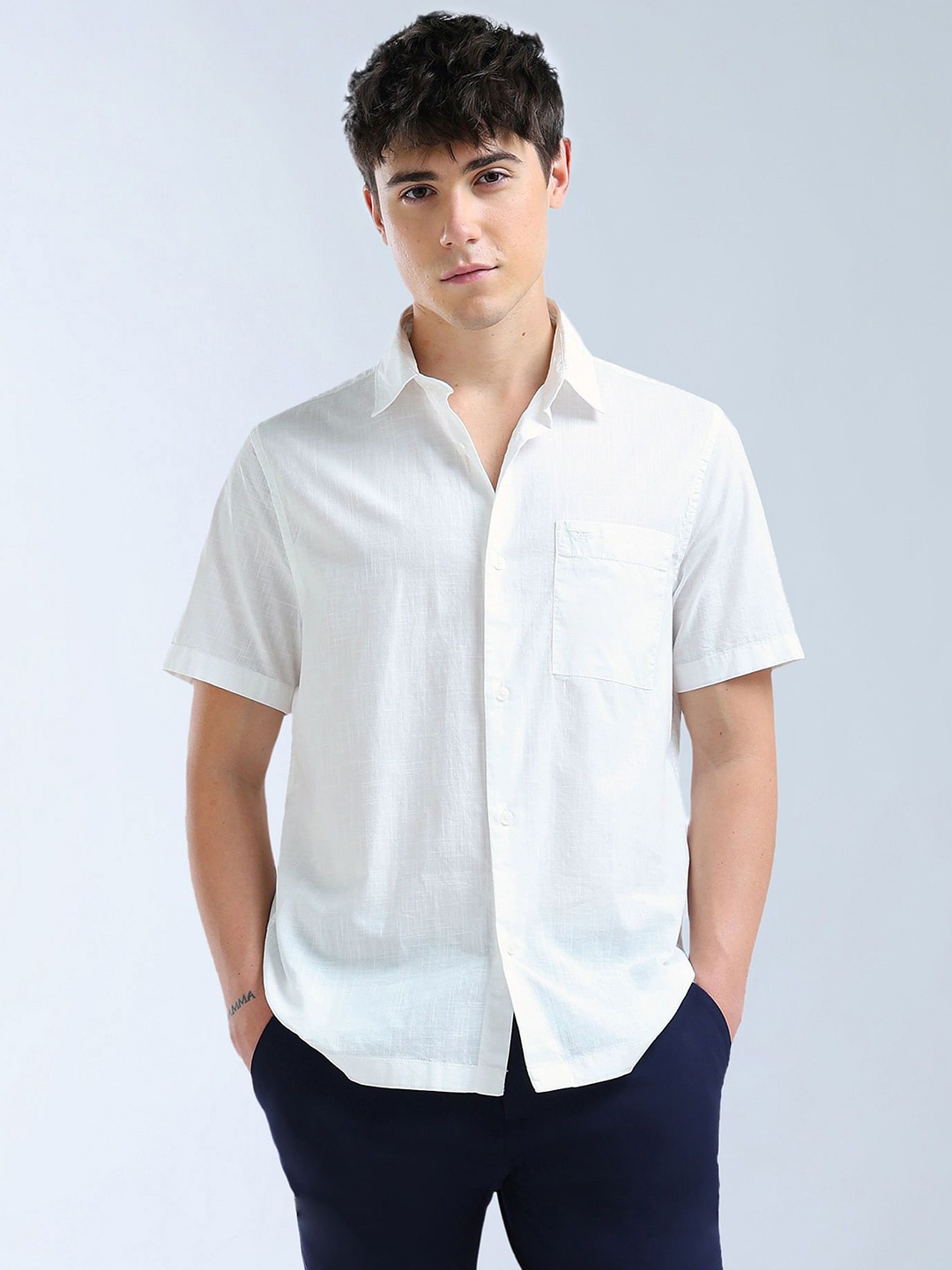 

Flying Machine Classic Spread Collar Twill Pure Cotton Casual Shirt, White