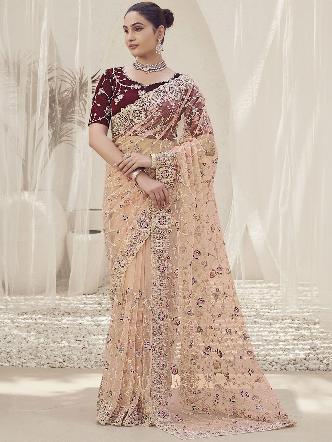 

Suha Embellished Embroidered Net Saree, Peach