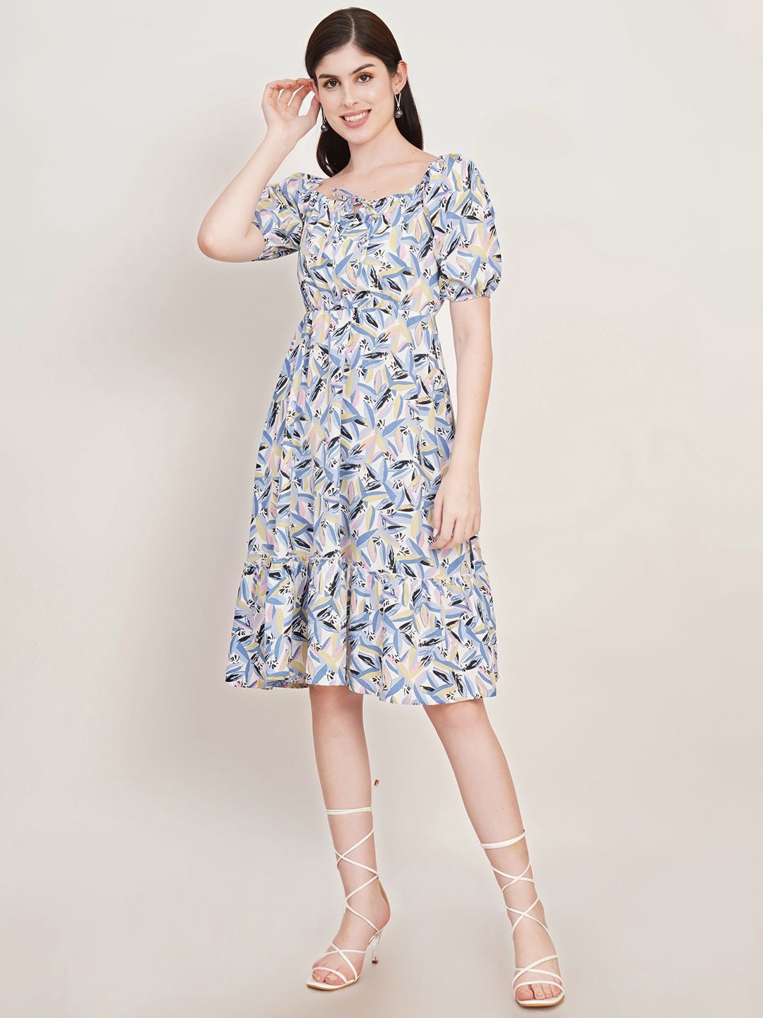 

Moda Rapido Tropical Print Puff Sleeve Crepe A-Line Dress, Blue