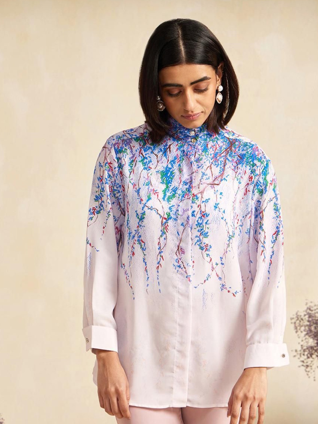

DressBerry Embellished Print Mandarin Collar Shirt Style Top, Blue