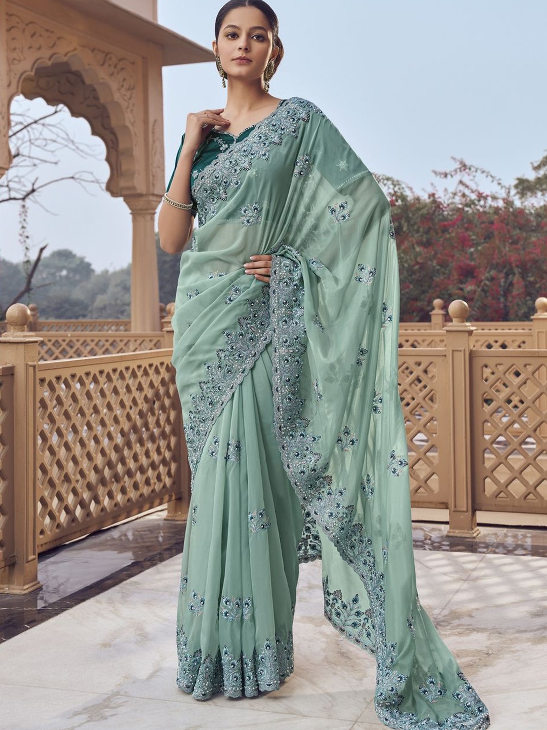 

Suha Floral Beads and Stones Organza Saree, Sea green