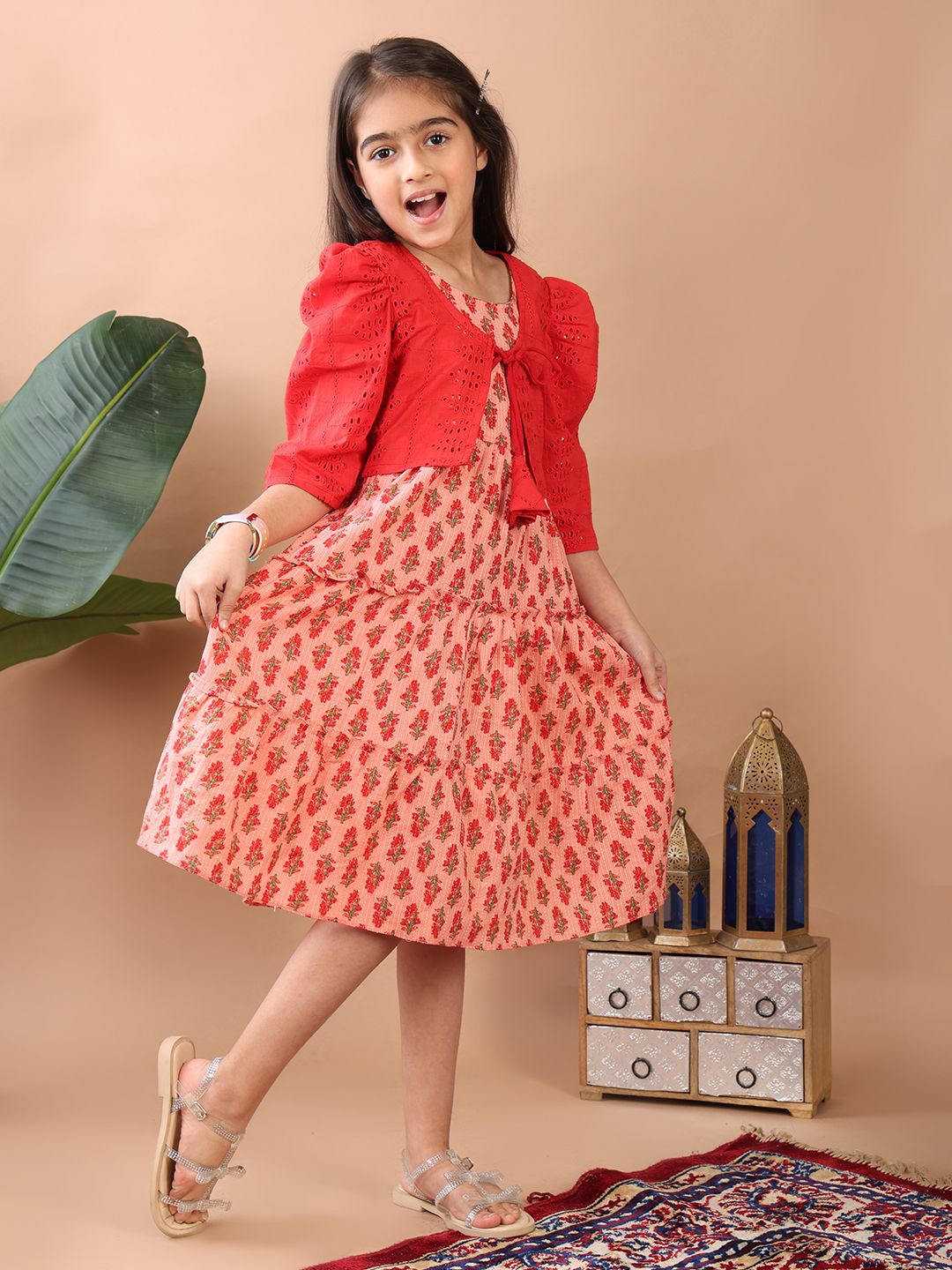 

Here&Now X Kinder Kids Girls Floral Printed Cotton A-Line Dress With Hakoba Jacket, Peach