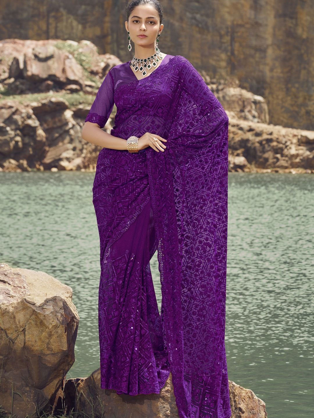 

Suha Embellished Sequinned Net Saree, Purple