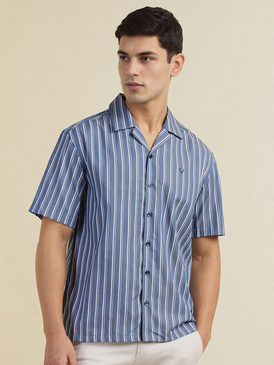 

Allen Solly Men Cuban Collar Vertical Striped Cotton Casual Shirt, Blue