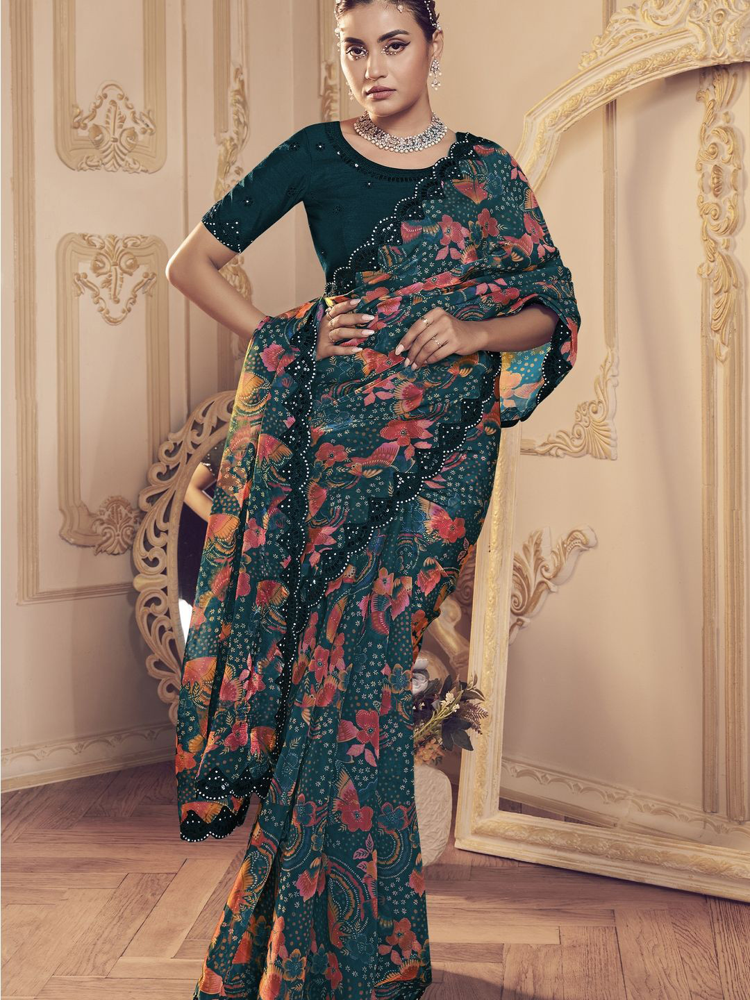 

Suha Floral Printed Pure Silk Saree, Blue