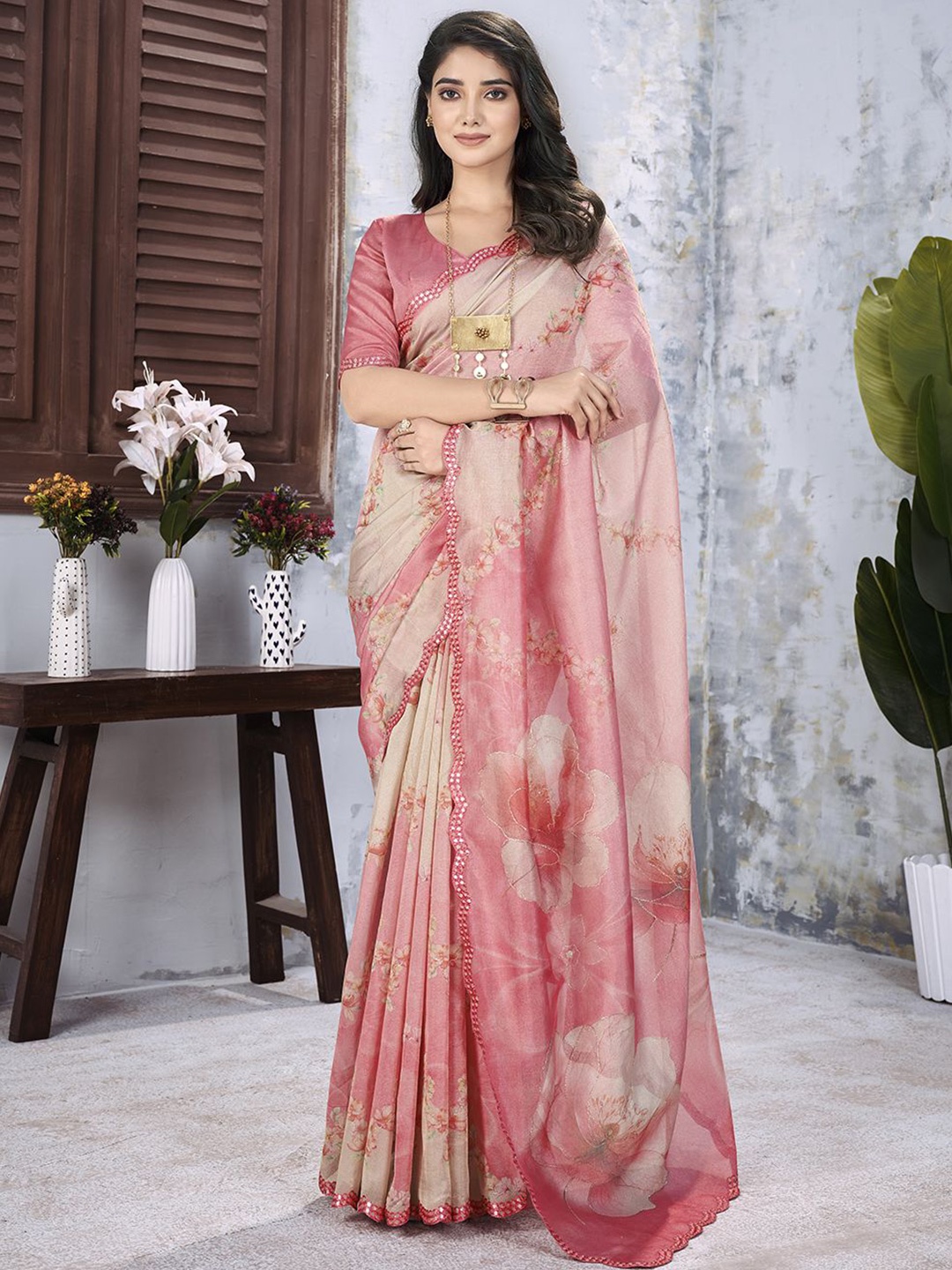 

all about you Floral Organza Saree, Pink