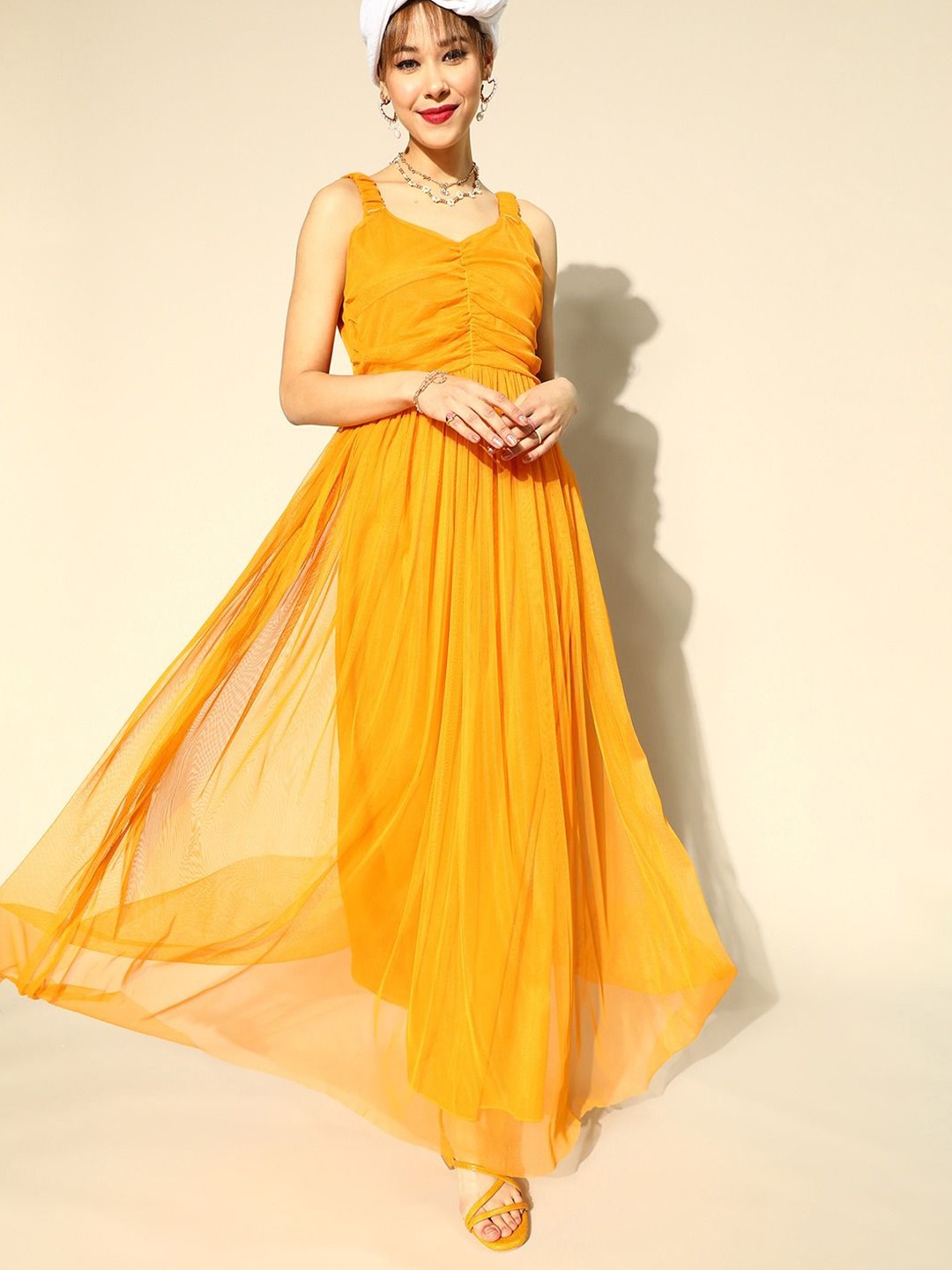 

Moda Rapido Women Net Fit & Flare Maxi Dress, Mustard