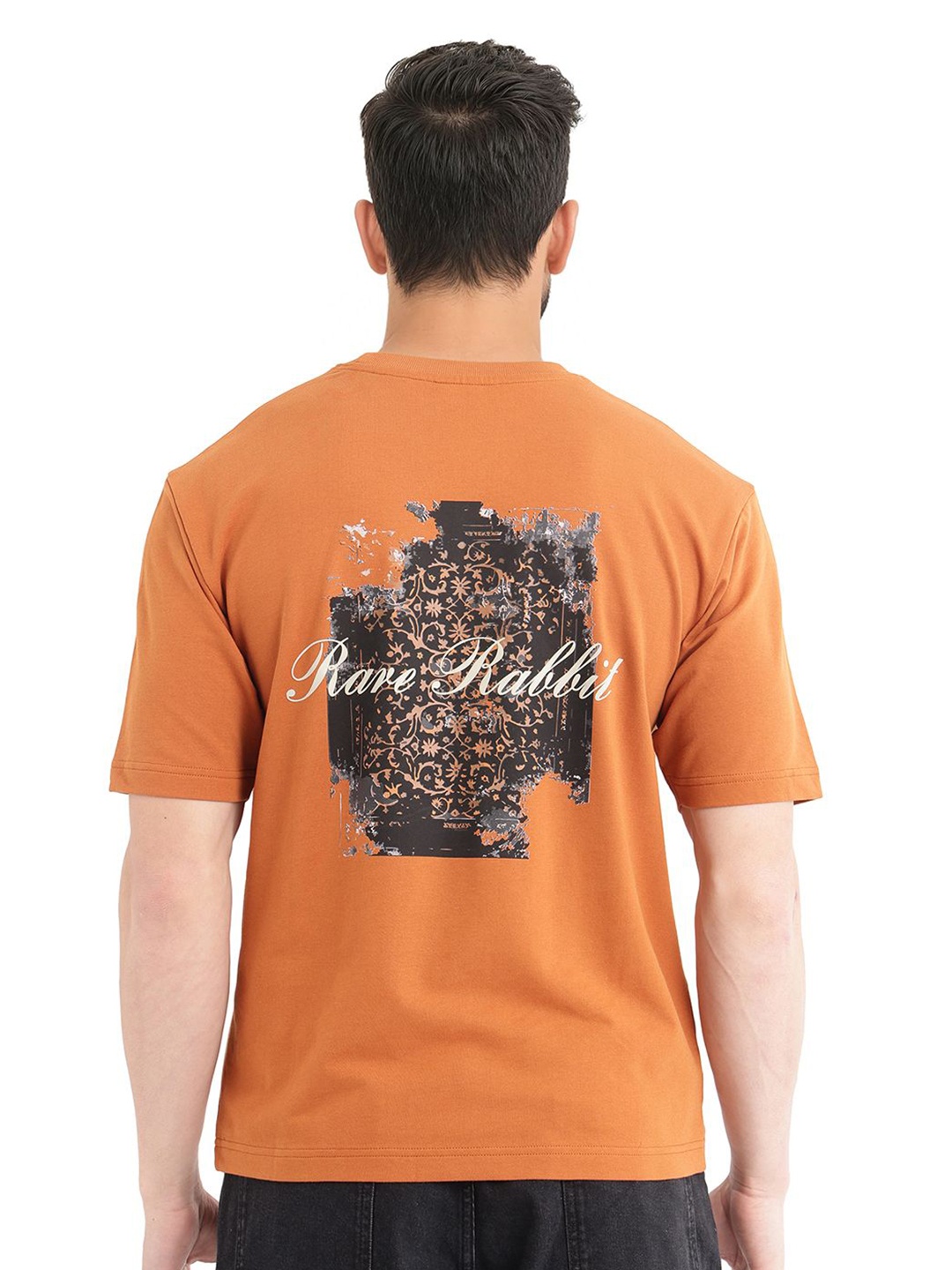 

RARE RABBIT Men Graphic Printed Round Neck Cotton Relaxed Fit T-shirt, Orange