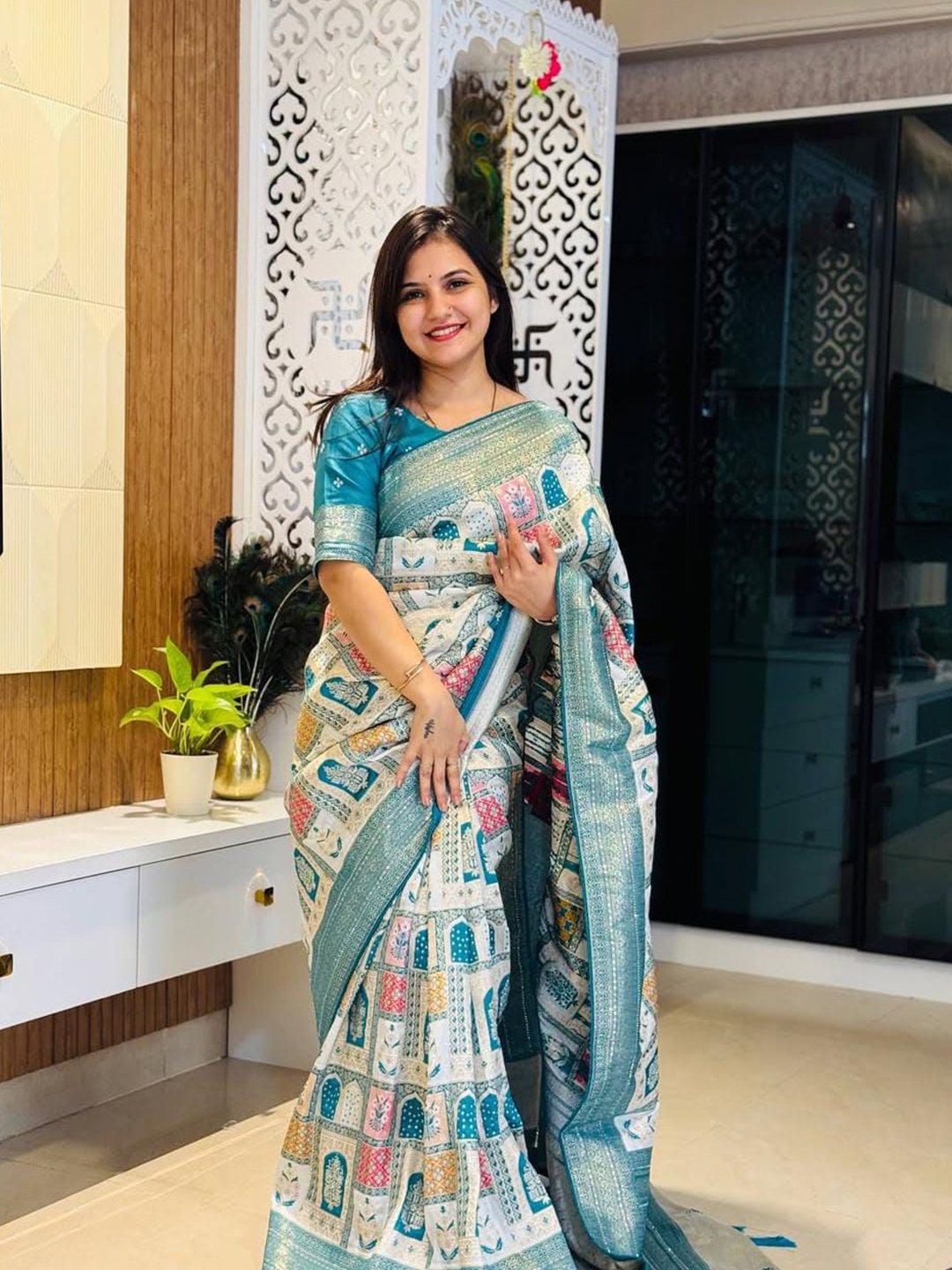 

MANSUBHA Floral Zari Banarasi Saree, Blue
