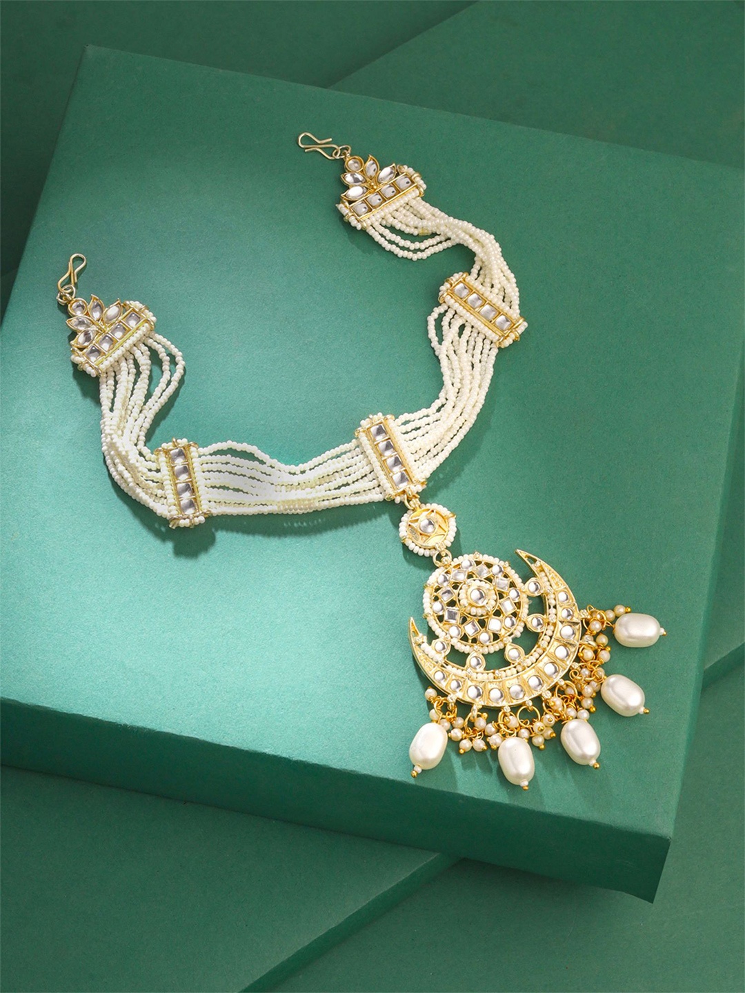 

Yellow Chimes Kundan Head Chain for Women Bridal Sheeshphool, Gold