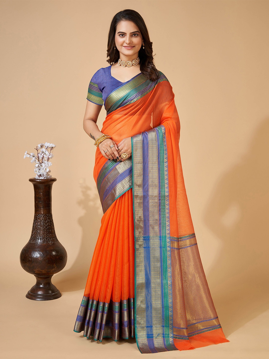 

KSM PRINTS Woven Design Zari Saree, Orange