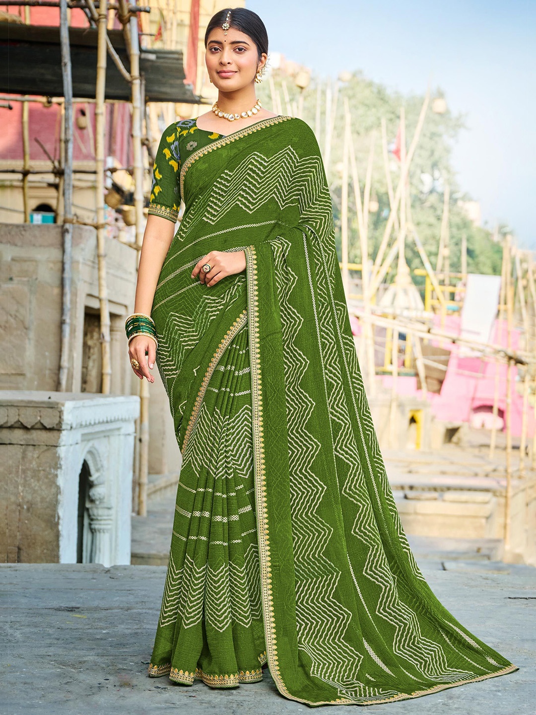 

Laxmipati Striped Poly Chiffon Saree, Green