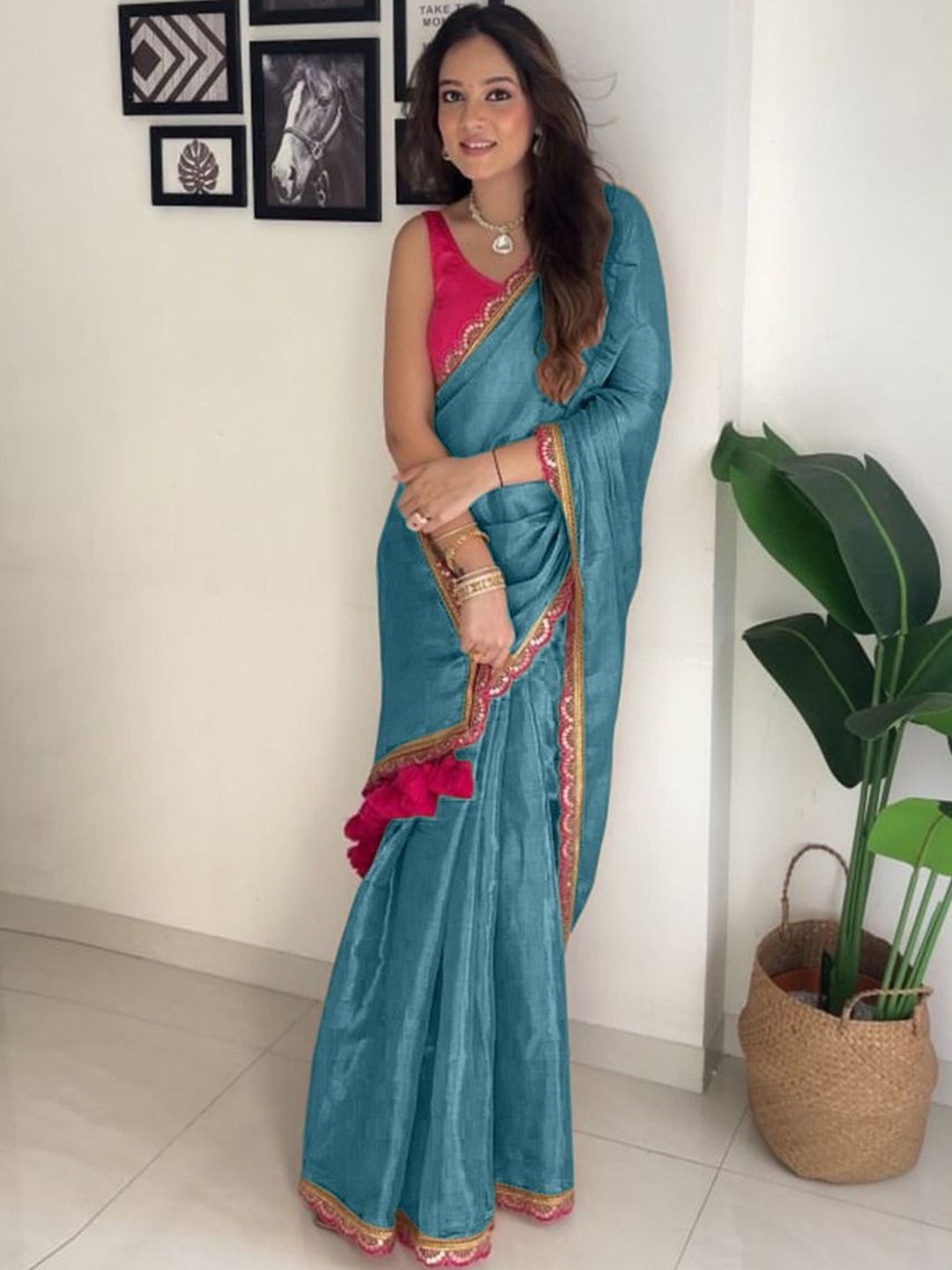 

Anouk Embroidered Tissue Designer Saree, Teal