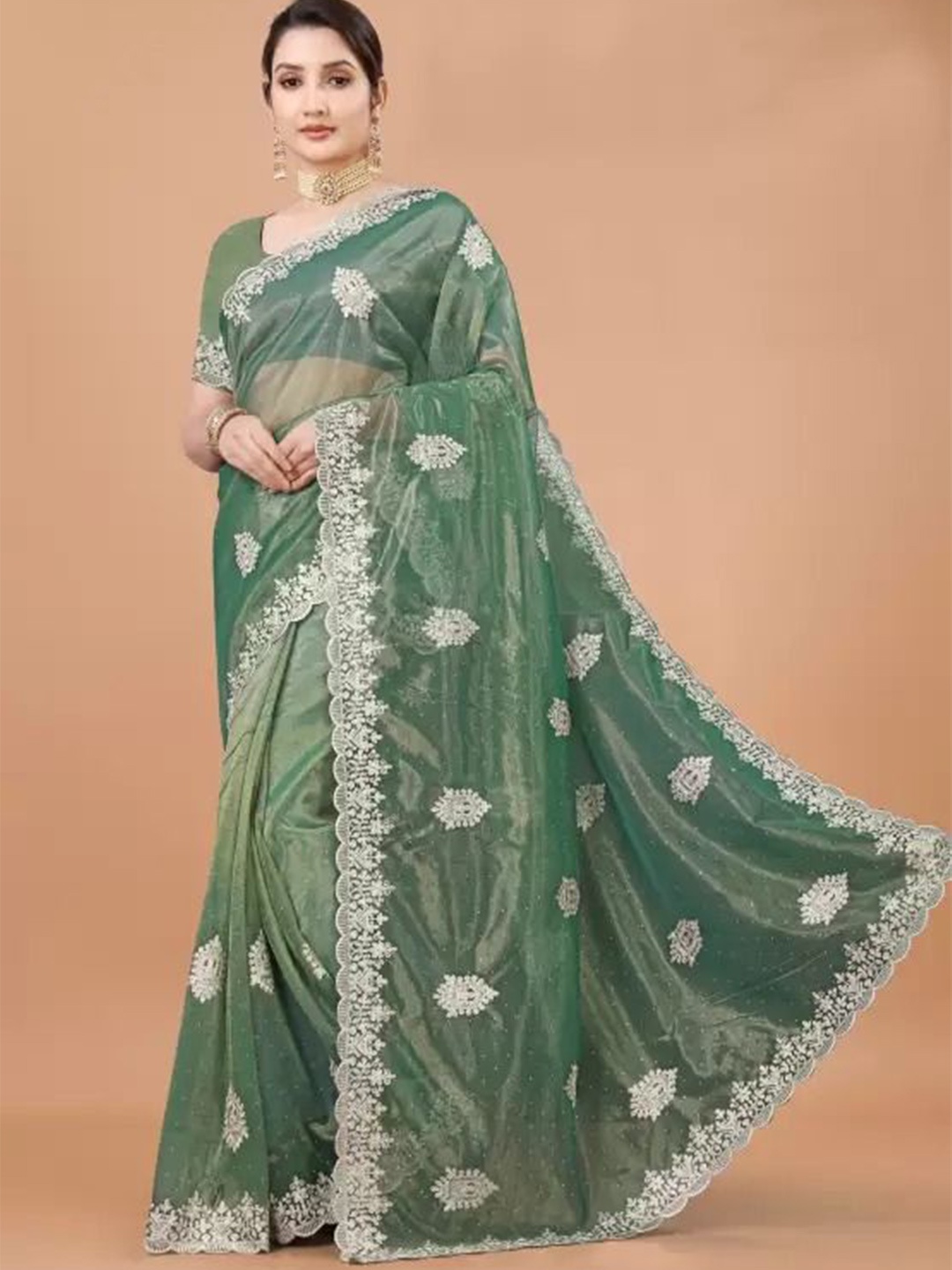 

KALINI Embellished Net Fusion Saree, Olive