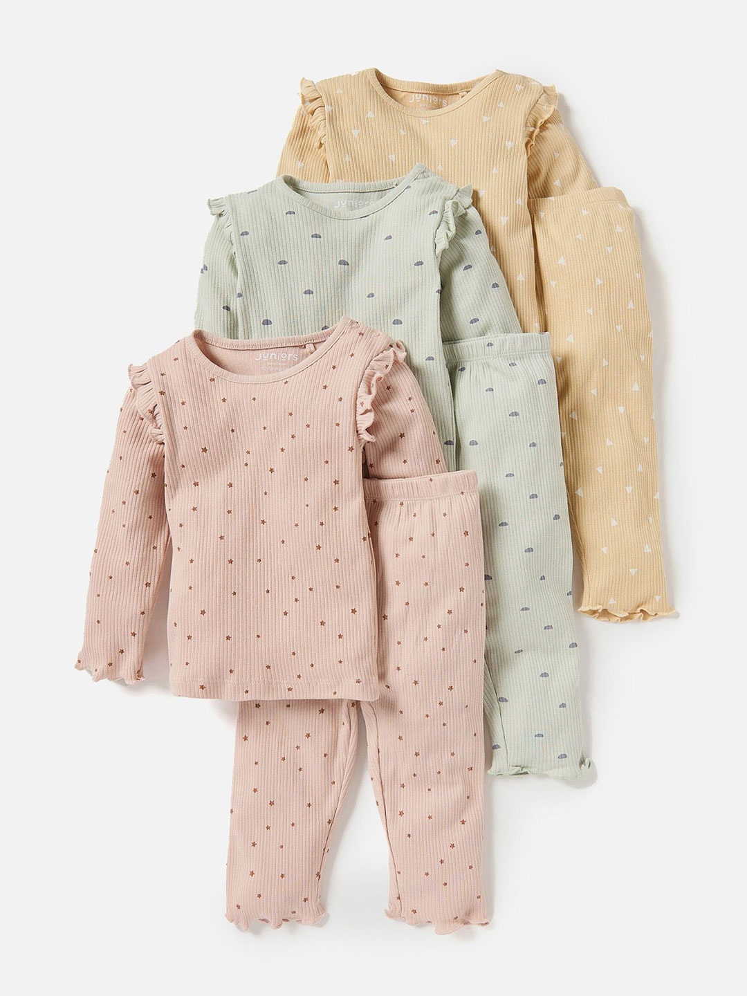 

Juniors by Babyshop Girls Pack Of 3 Printed Pure Cotton T-Shirt With Trouser, Beige