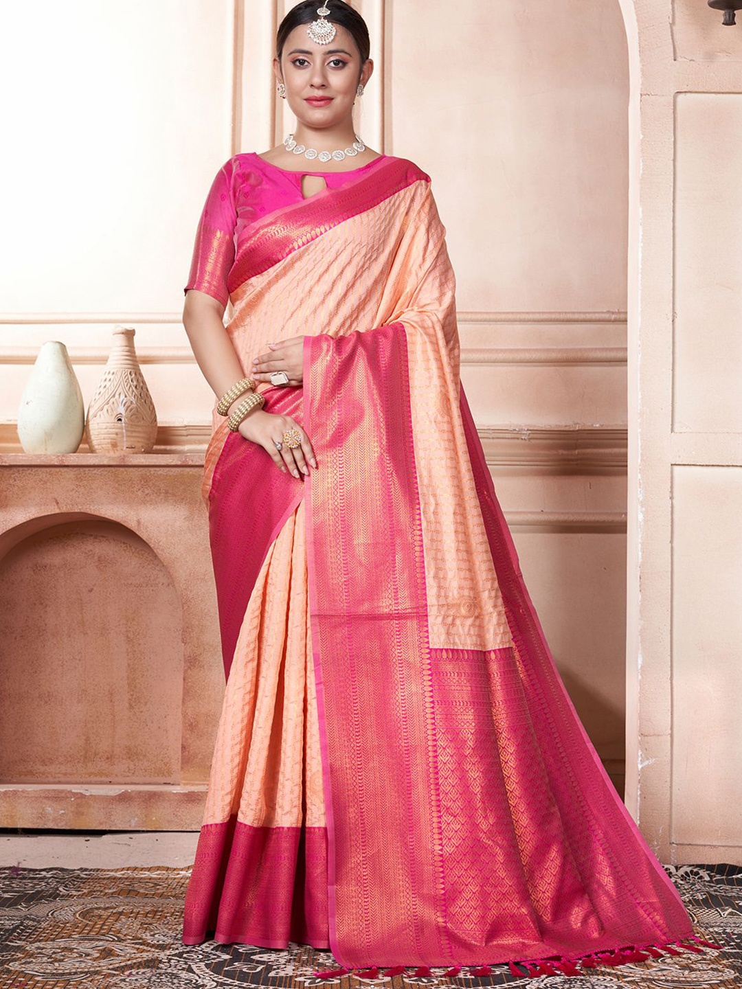 

Mitera Ethnic Motifs Zari Kanjeevaram Saree, Peach