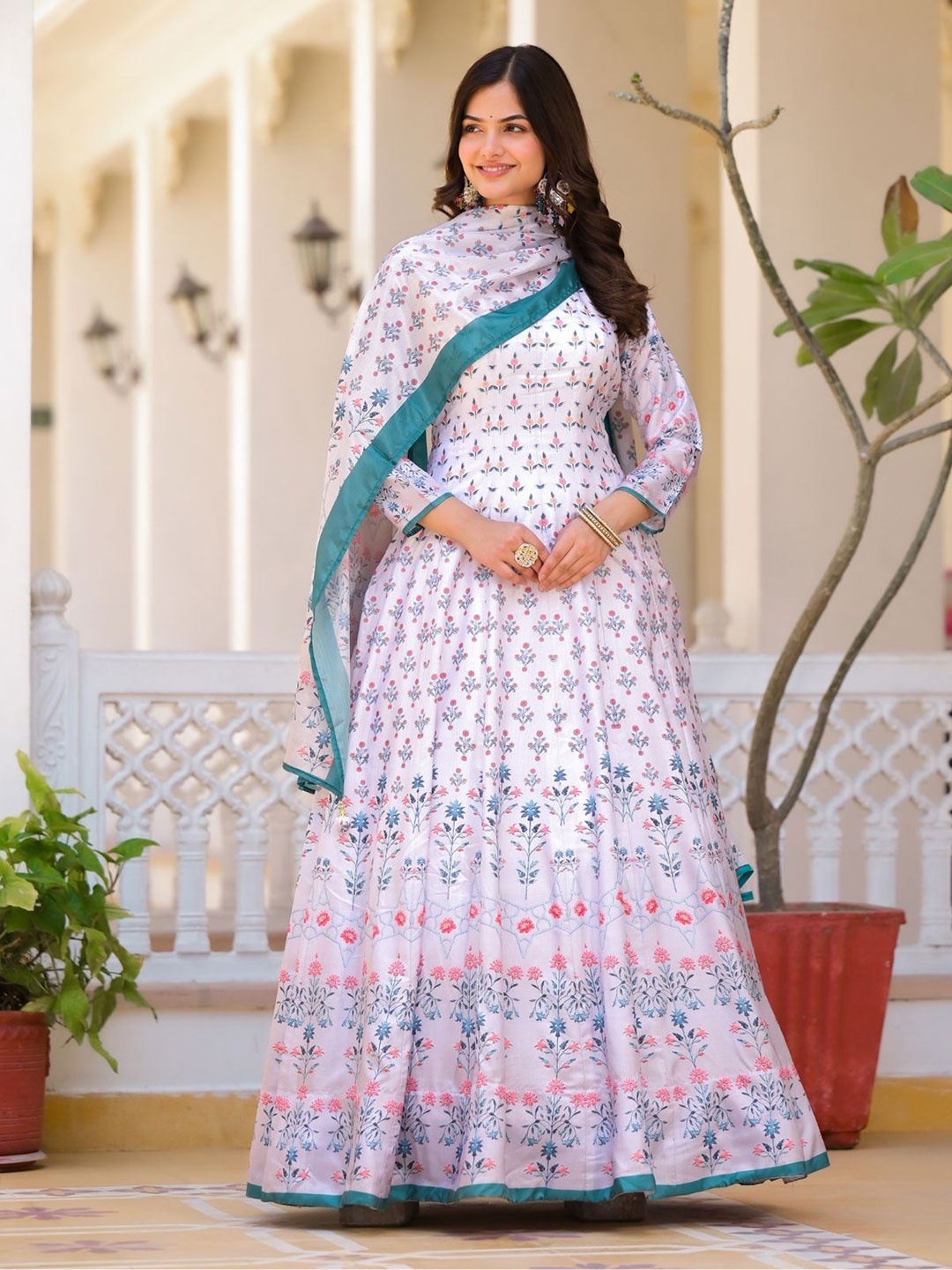 

ODETTE Ethnic Motifs Printed Silk A-Line Ethnic Dress with Dupatta, White