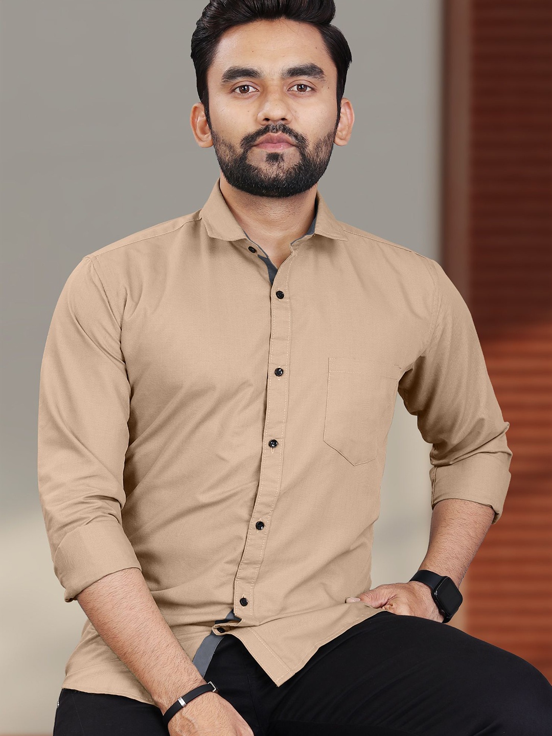 

VeBNoR Men Standard Fit Solid Spread Collar Casual Shirt, Brown