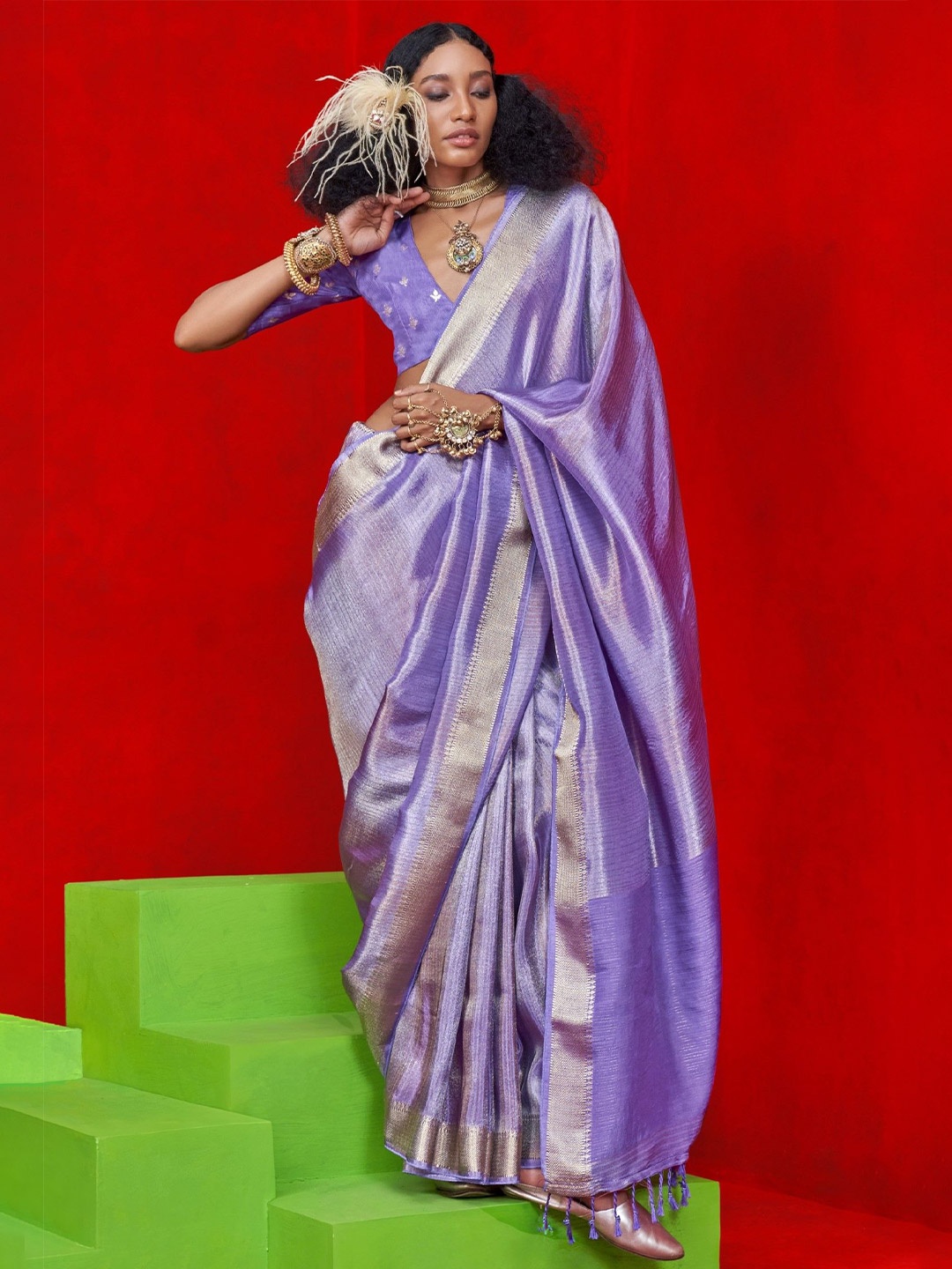 

PEENGAX Woven Design Zari Tissue Chanderi Saree, Lavender