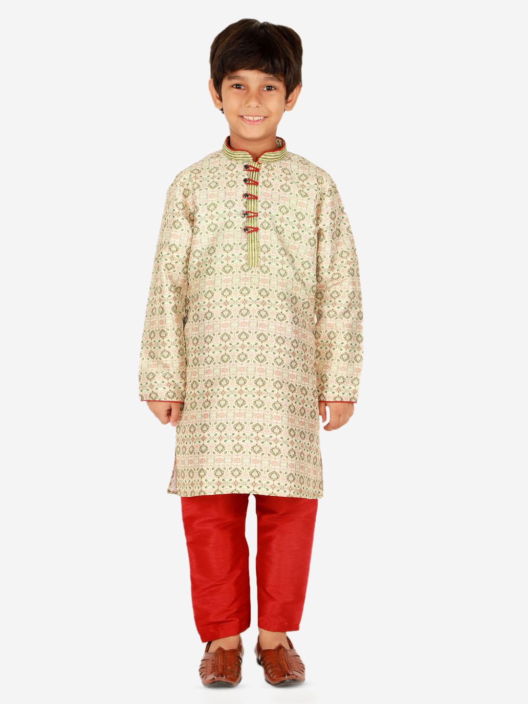 

P-Mark Boys Ethnic Motifs Printed Mandarin Collar Kurta With Trouser, Green