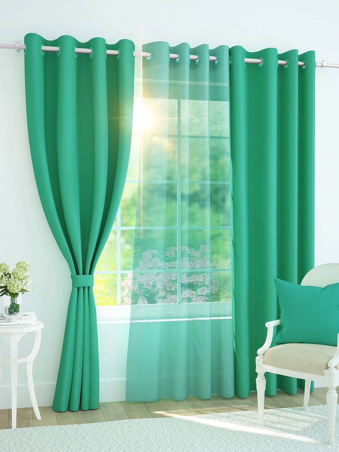 

Story@home Set of 3 Combo Door Curtains of Blackout & Sheer 7 Feet, Teal & Mint Green