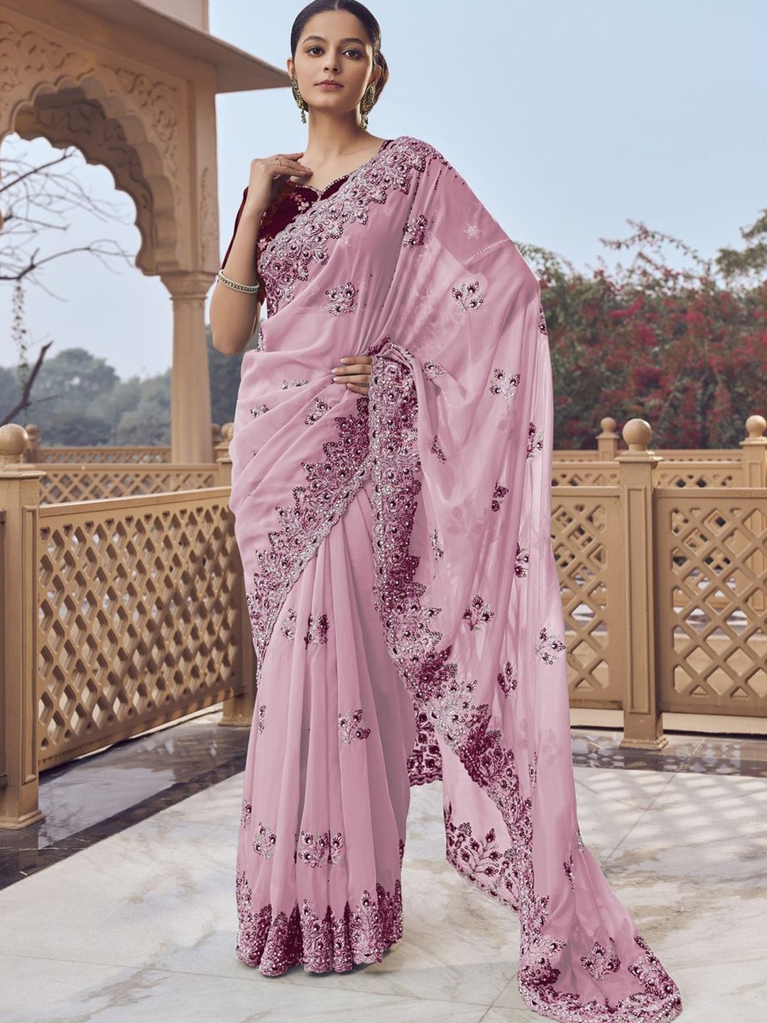 

Suha Embellished Embroidered Organza Saree, Purple